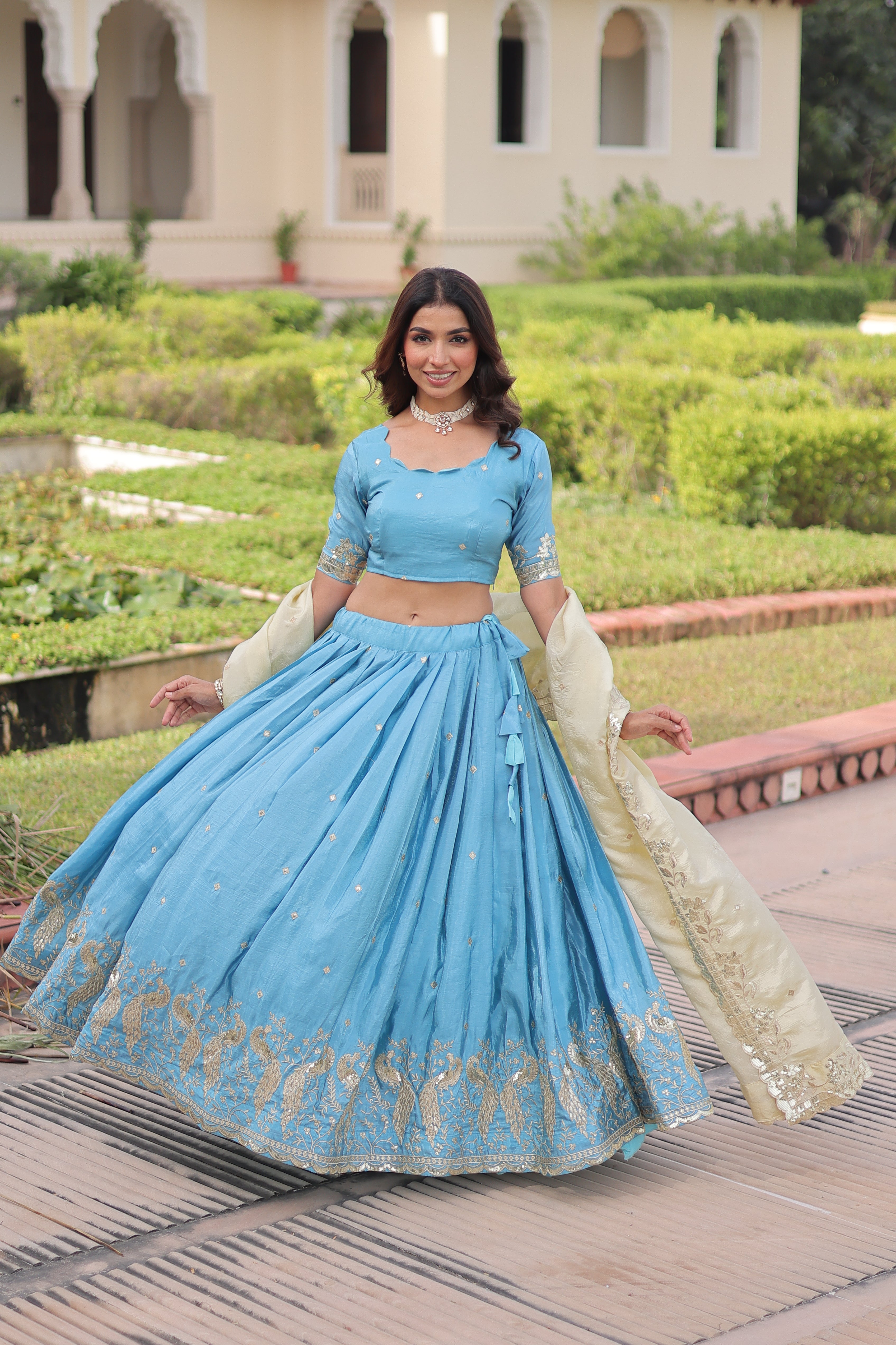 Zari Embroidered Crushed Wedding Lehenga Choli for Women