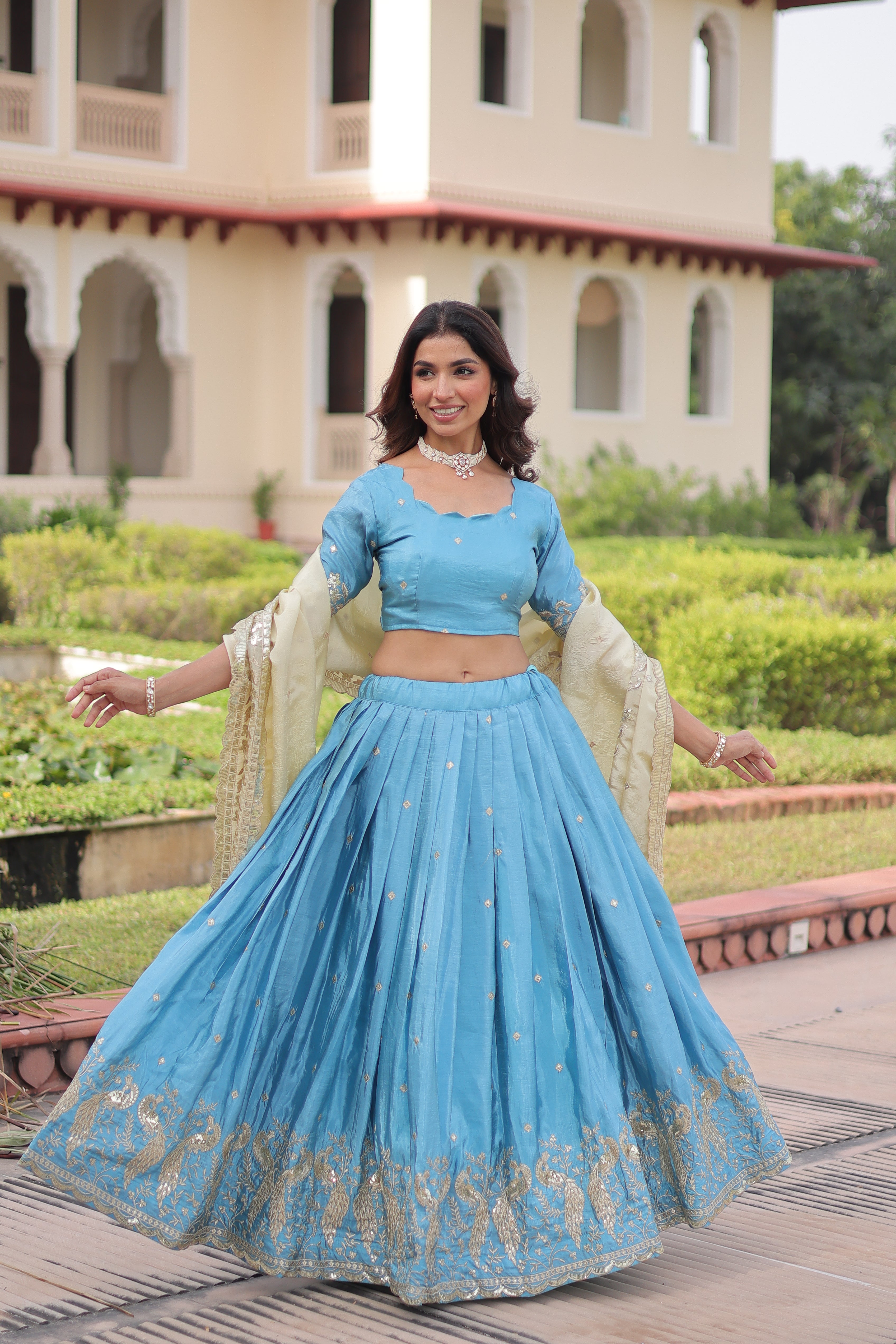 Zari Embroidered Crushed Wedding Lehenga Choli for Women