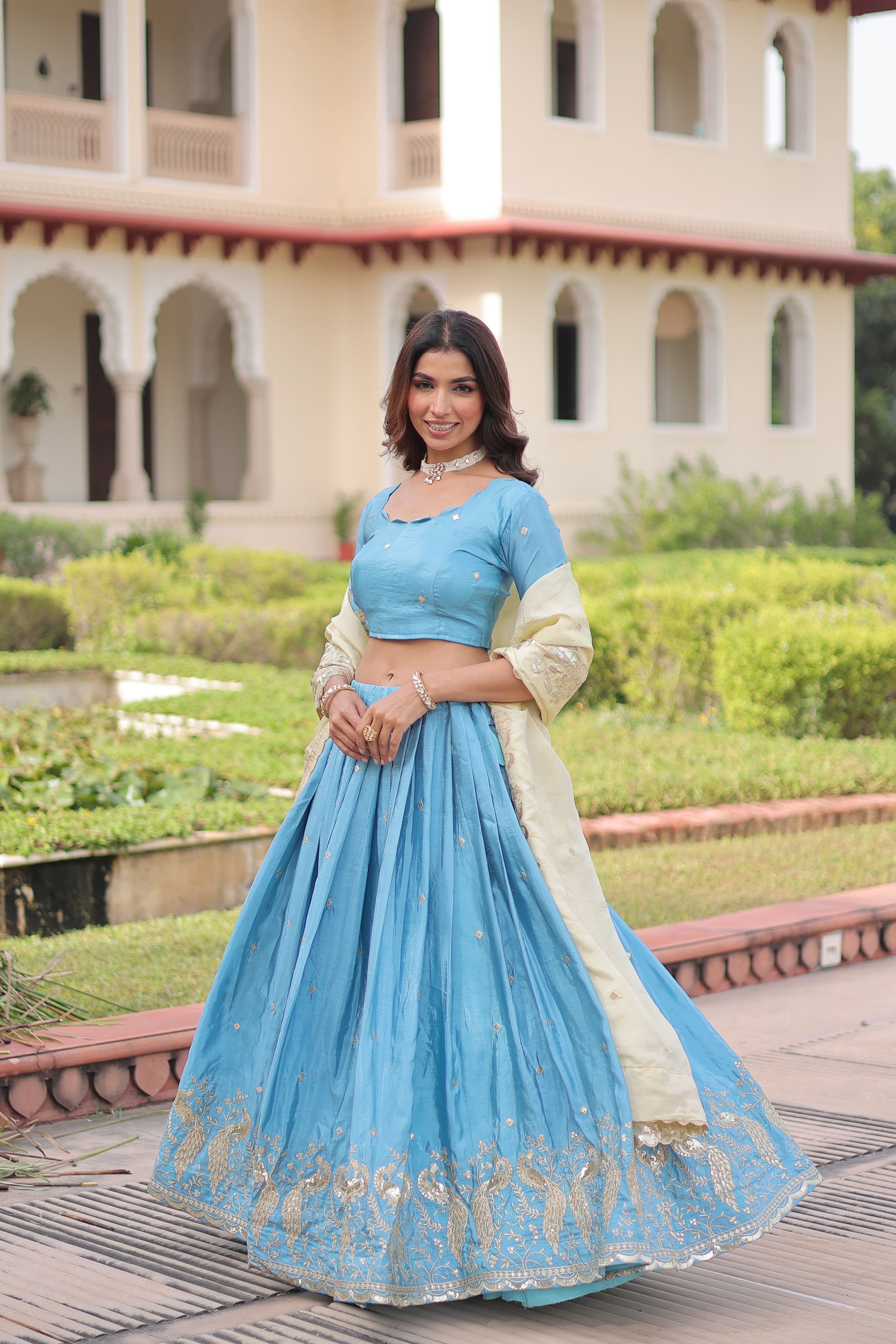 Zari Embroidered Crushed Wedding Lehenga Choli for Women
