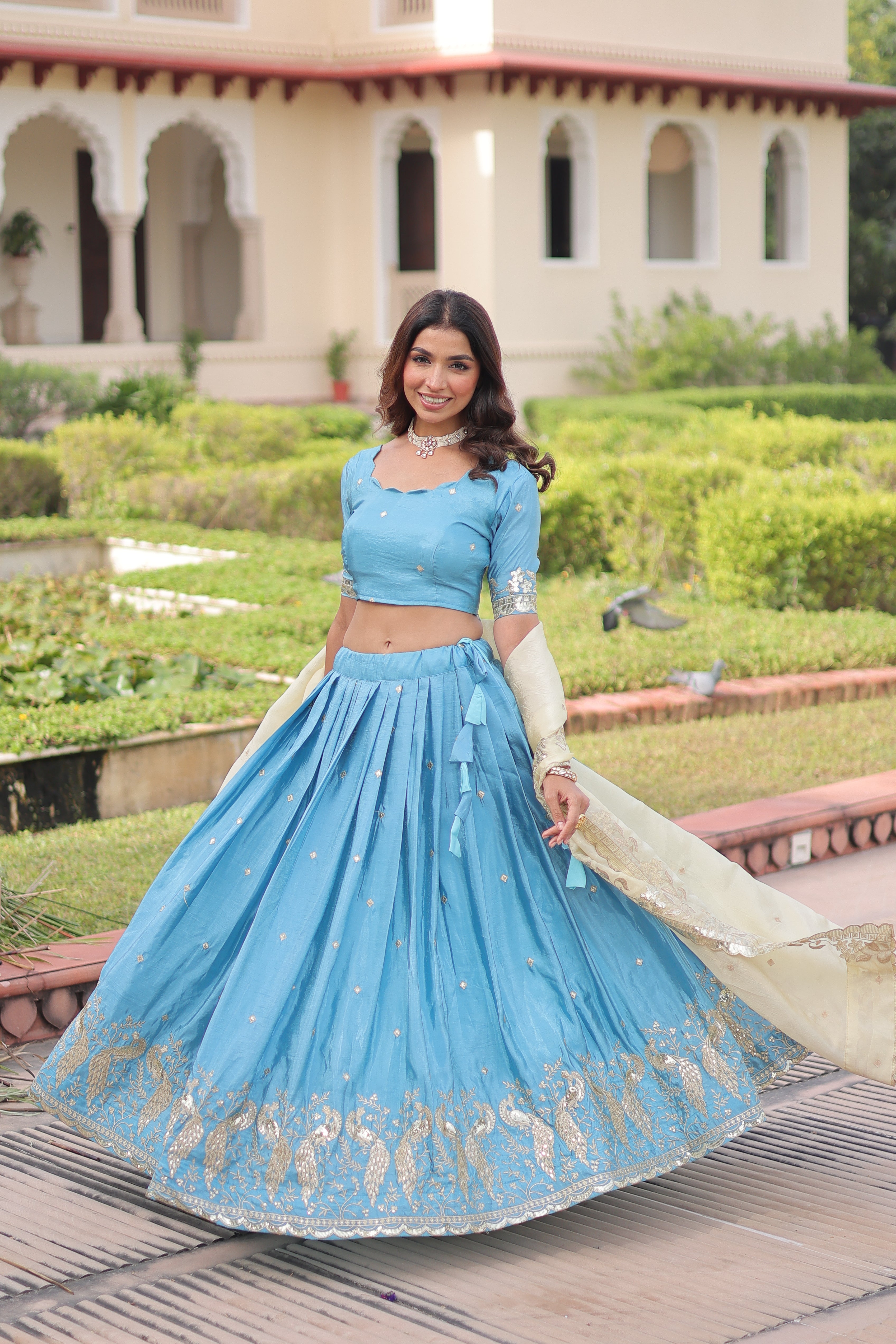 Zari Embroidered Crushed Wedding Lehenga Choli for Women