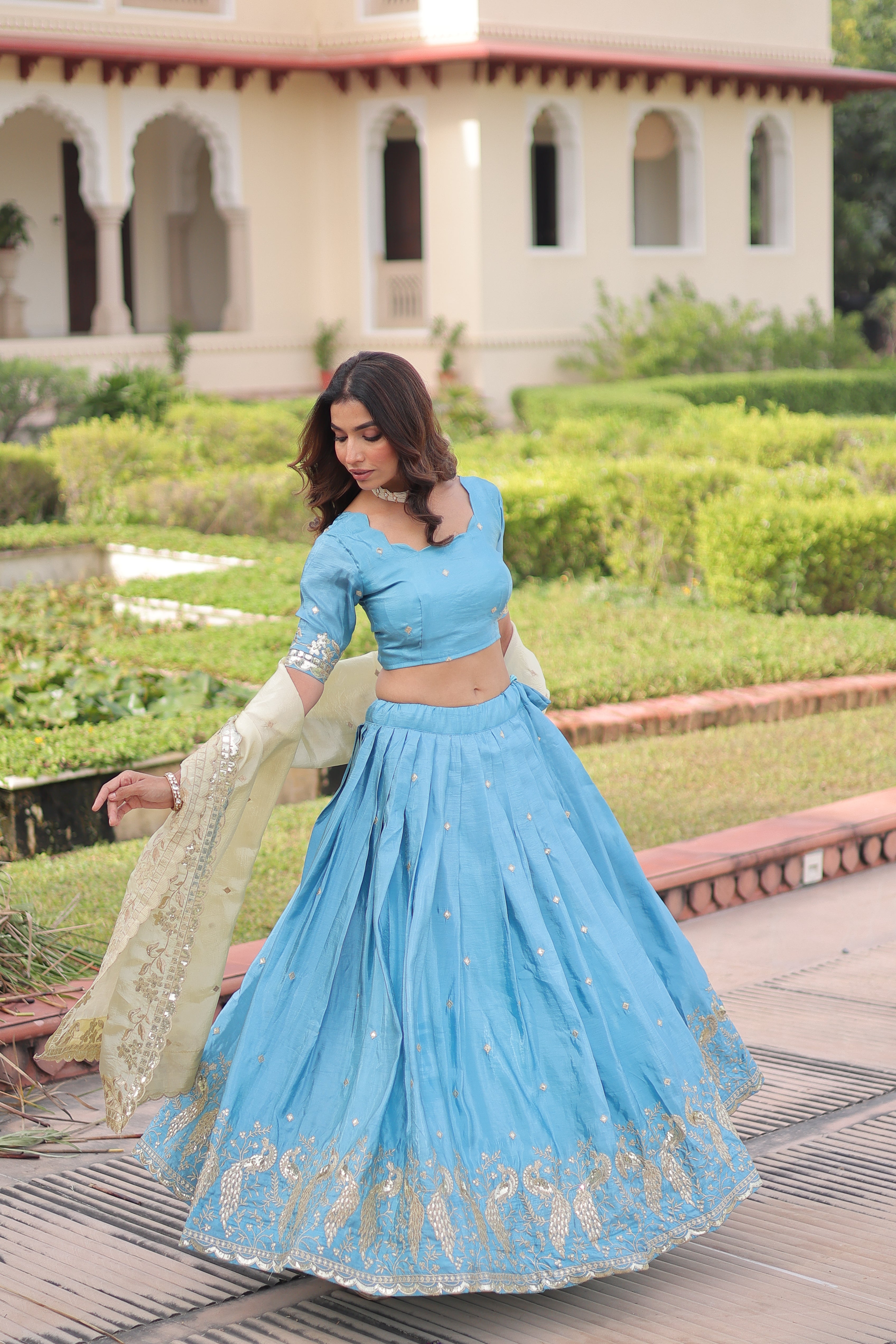 Zari Embroidered Crushed Wedding Lehenga Choli for Women