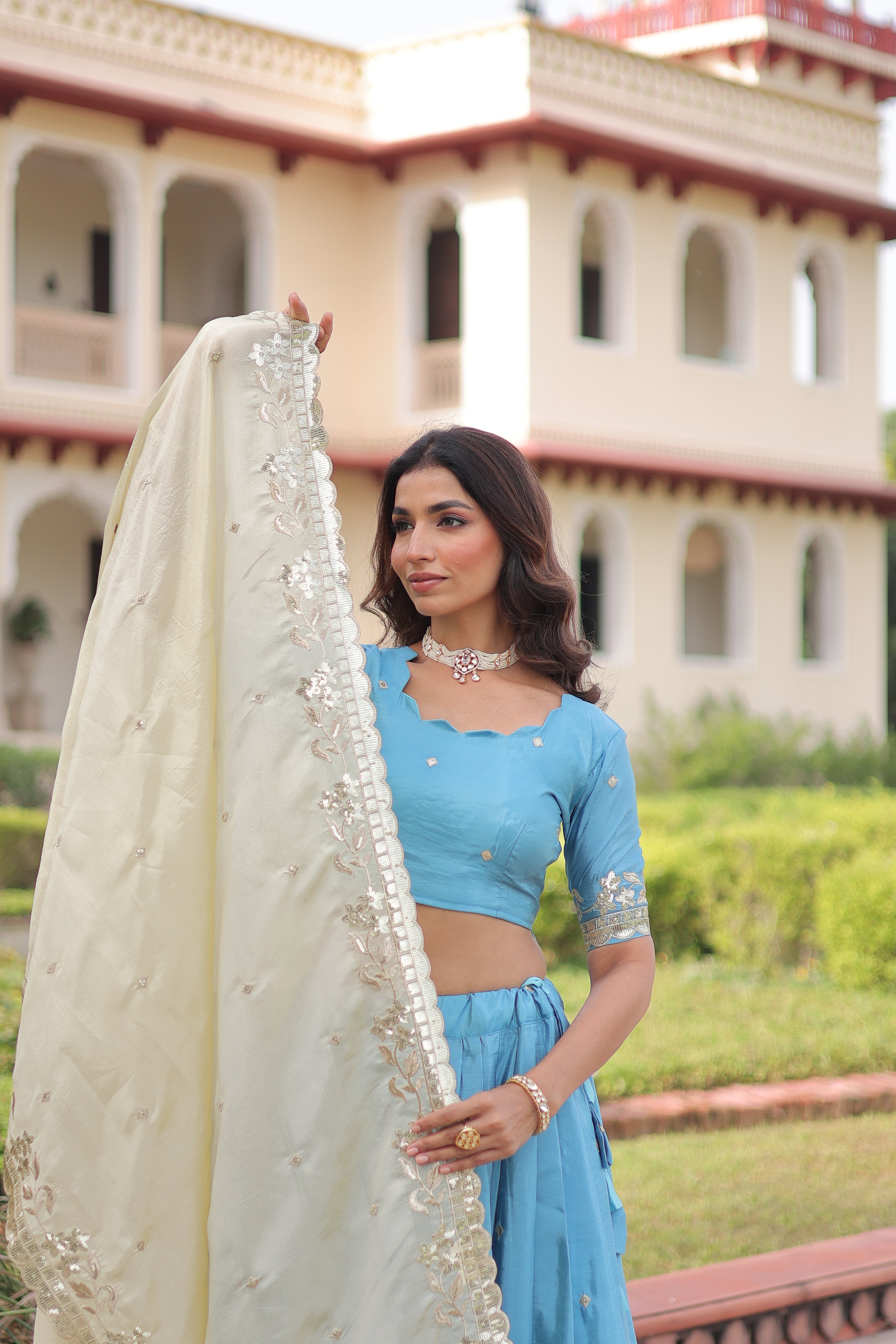 Zari Embroidered Crushed Wedding Lehenga Choli for Women
