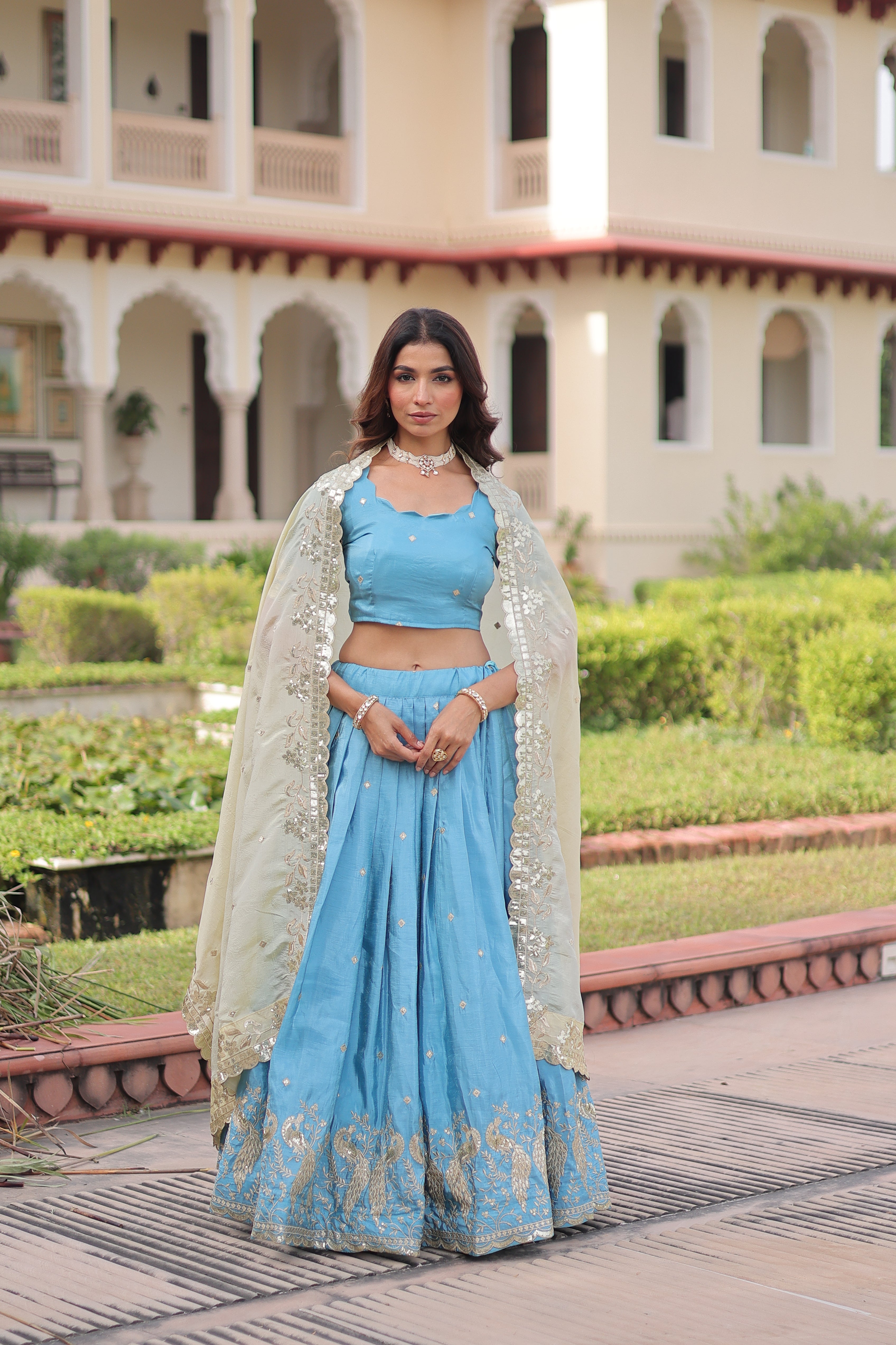 Zari Embroidered Crushed Wedding Lehenga Choli for Women