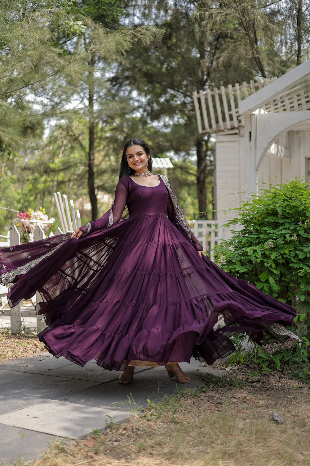 Georgette Festival Wear Gown With Dupatta - Wine