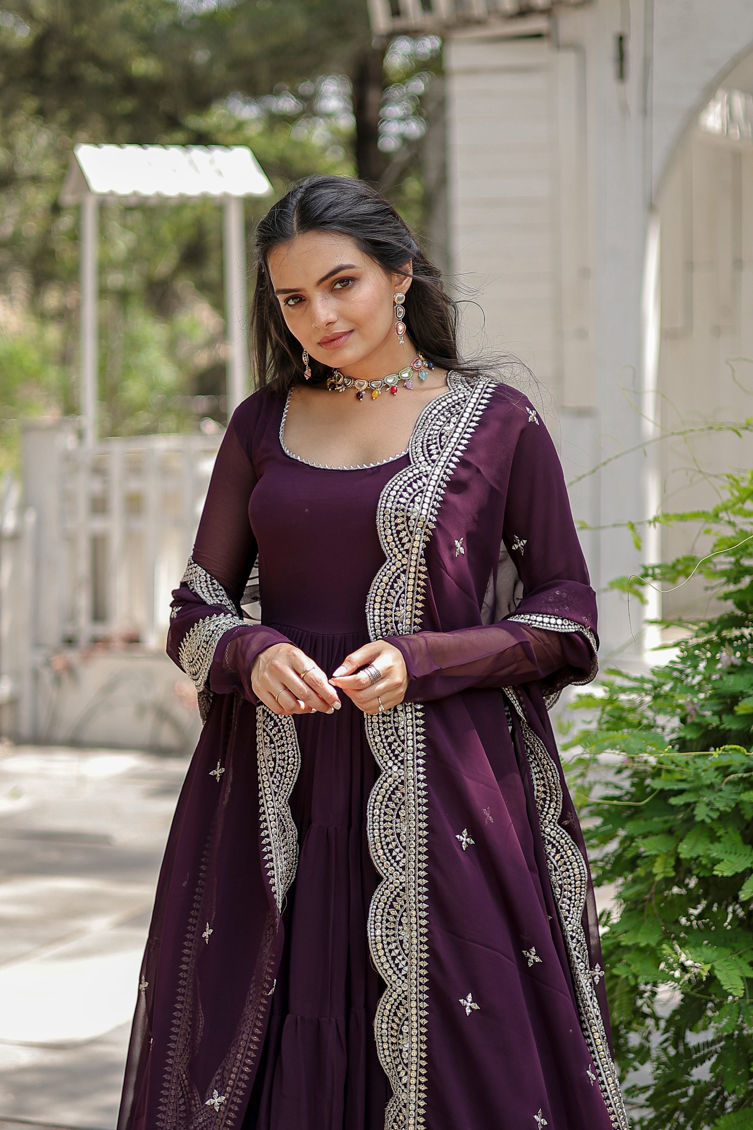 Georgette Festival Wear Gown With Dupatta - Wine