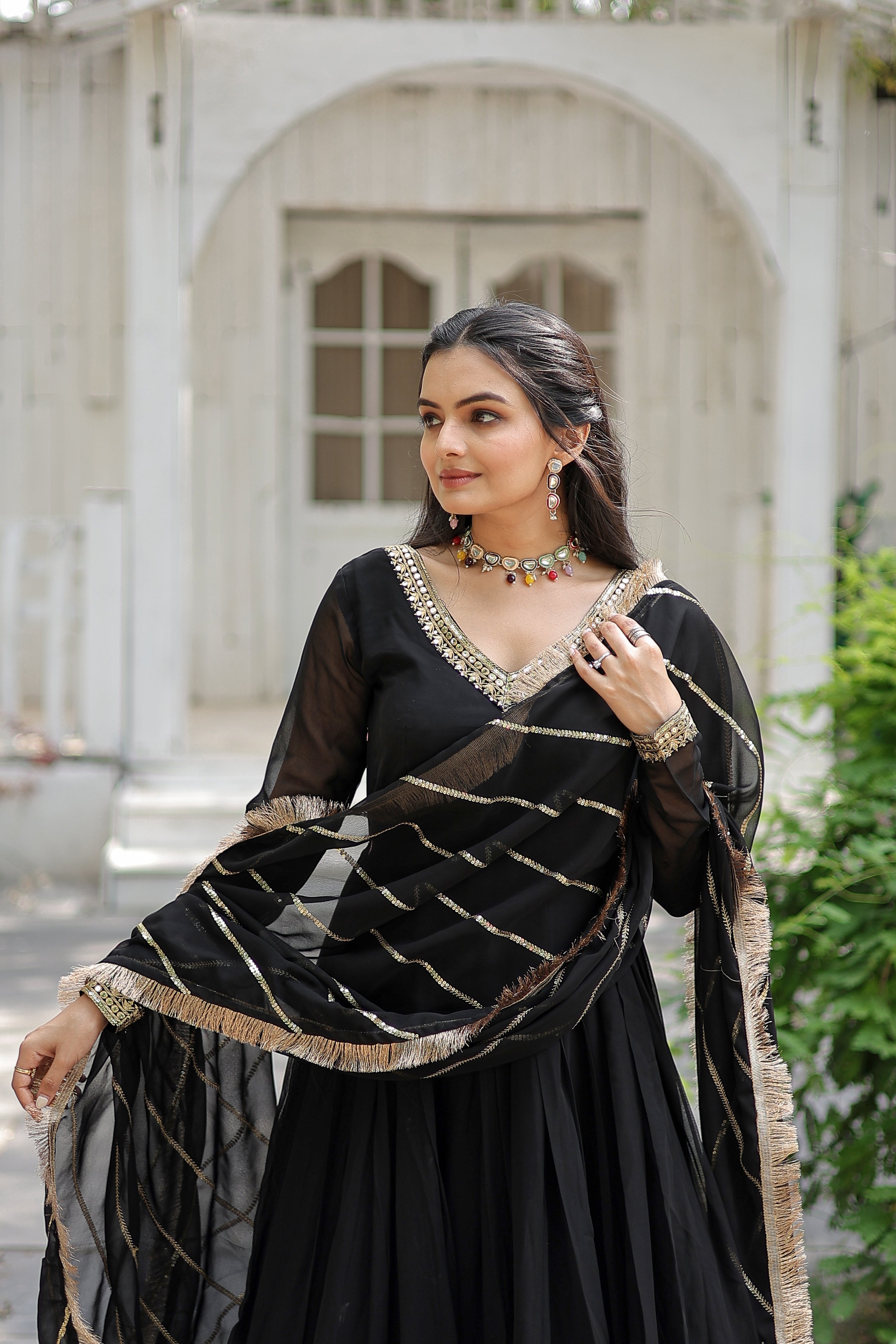 Georgette Sequins Reception Gown With Dupatta