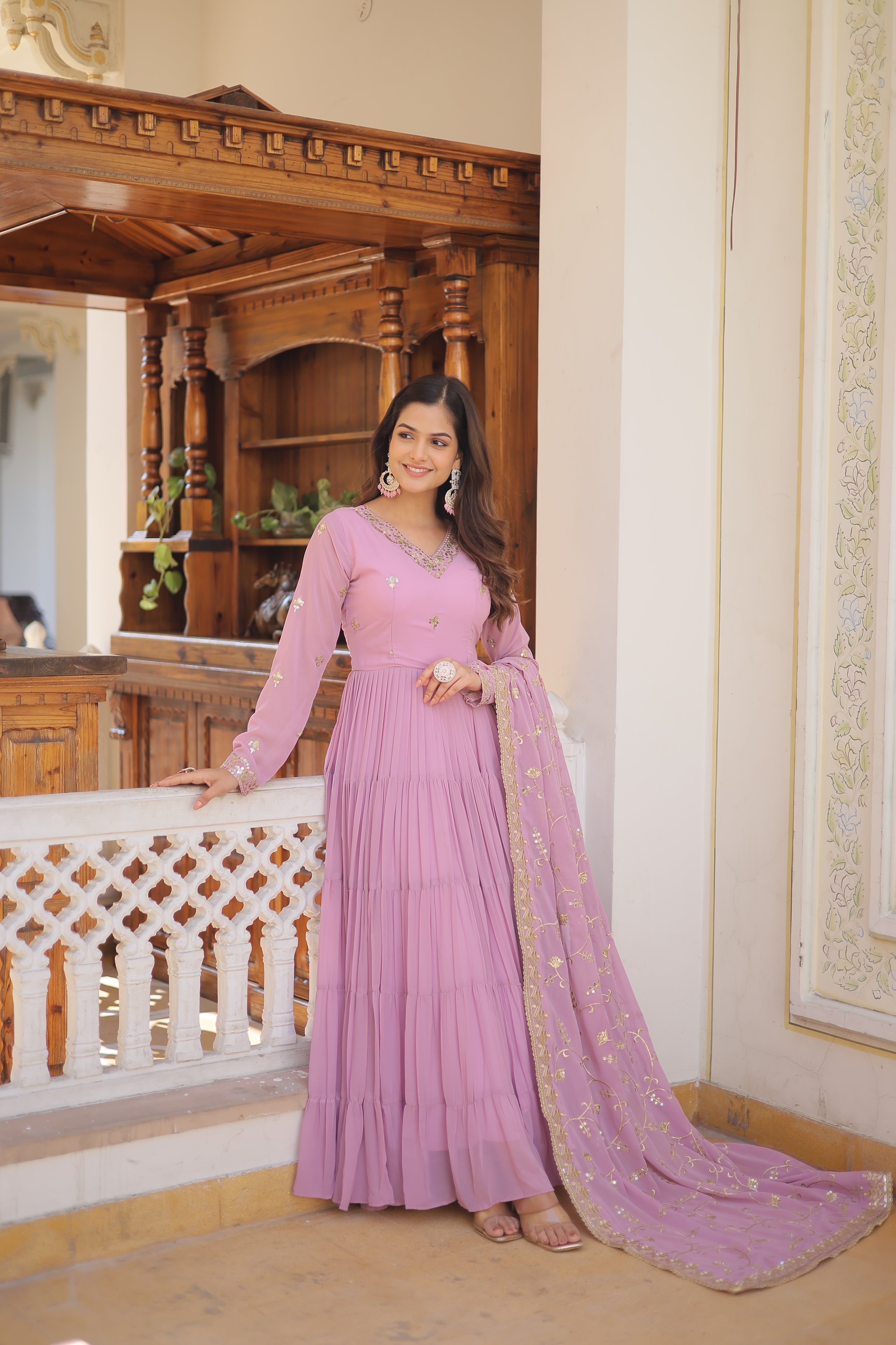 Georgette embroidered festival gown with sequins work for women wedding reception party wear