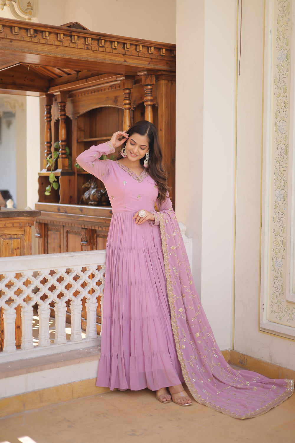 Georgette embroidered festival gown with sequins work for women wedding reception party wear