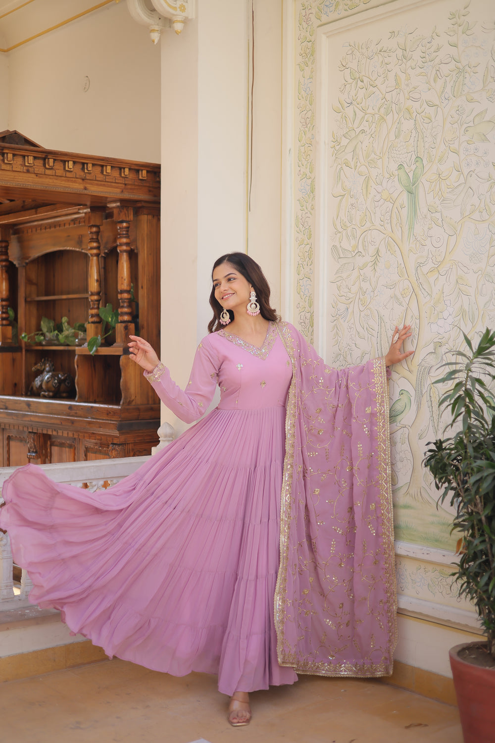 Georgette embroidered festival gown with sequins work for women wedding reception party wear