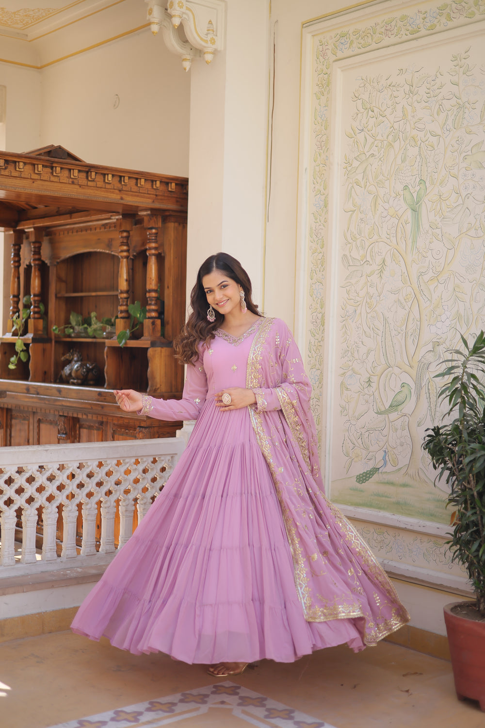 Georgette embroidered festival gown with sequins work for women wedding reception party wear