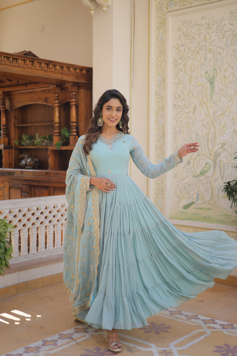 Georgette embroidered festival gown with sequins work for women wedding reception party wear