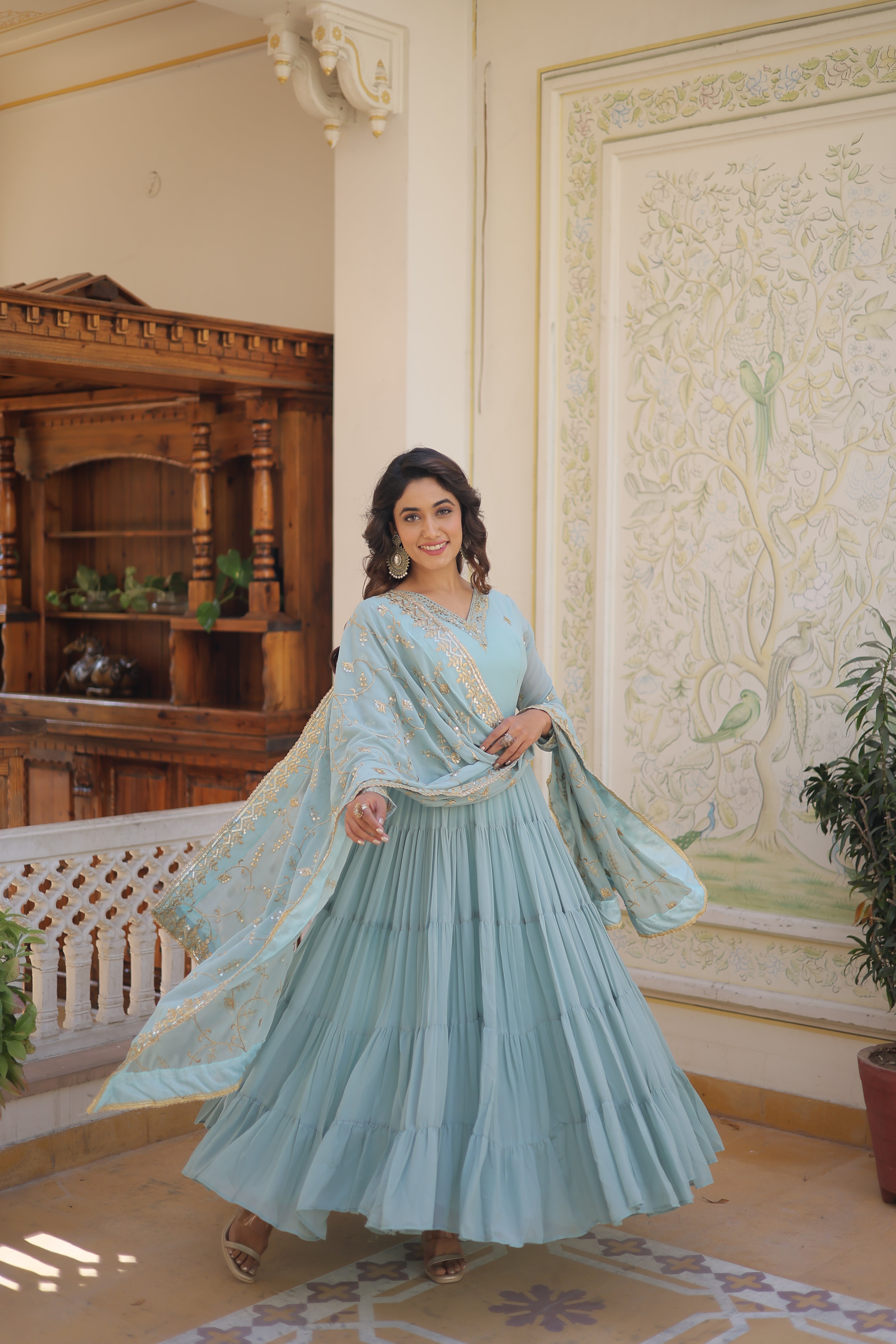 Georgette embroidered festival gown with sequins work for women wedding reception party wear