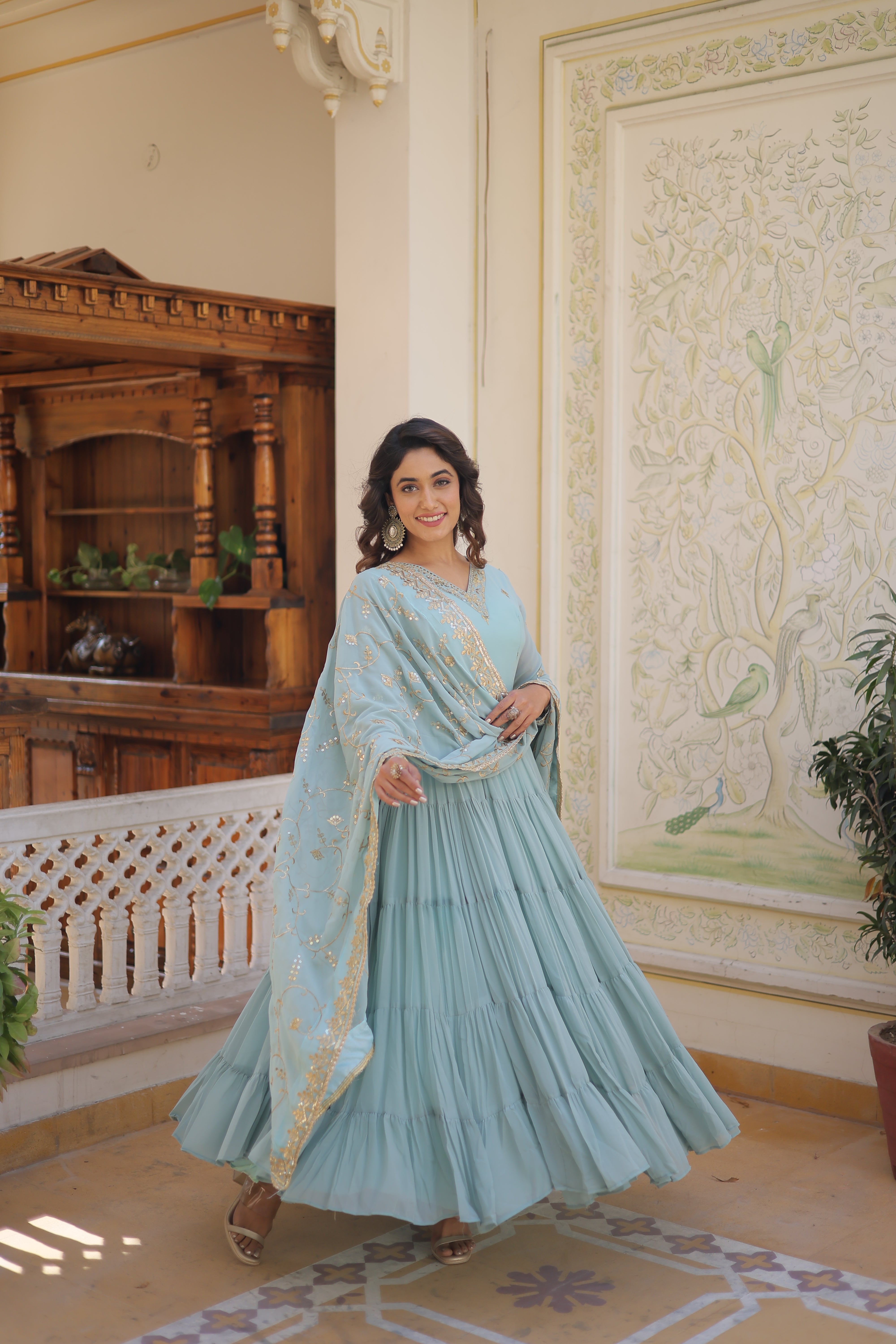 Georgette embroidered festival gown with sequins work for women wedding reception party wear