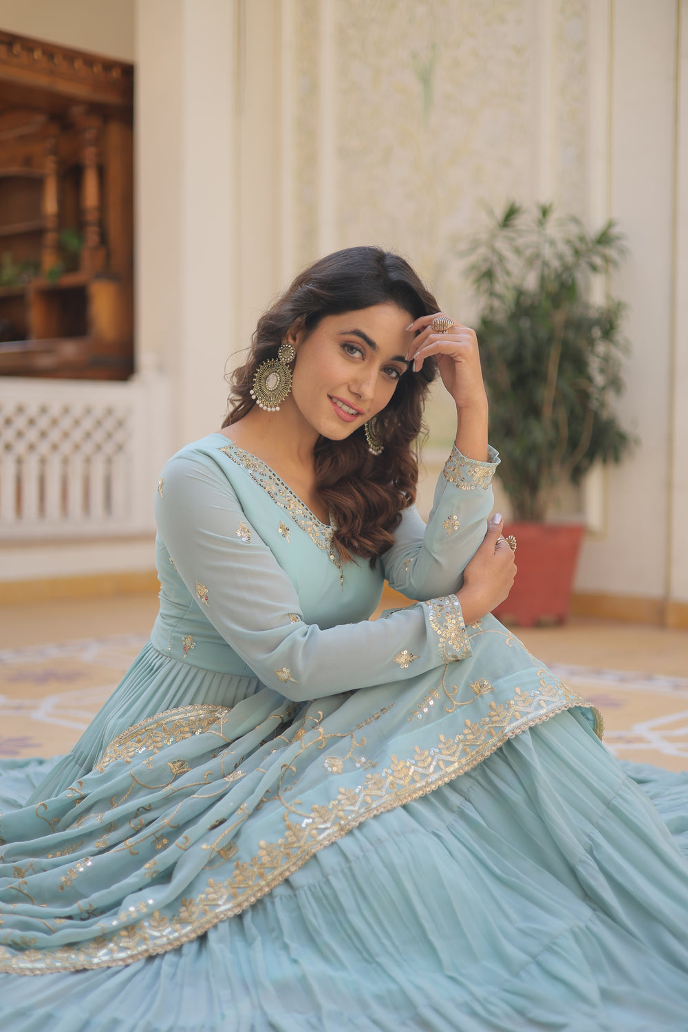 Georgette embroidered festival gown with sequins work for women wedding reception party wear