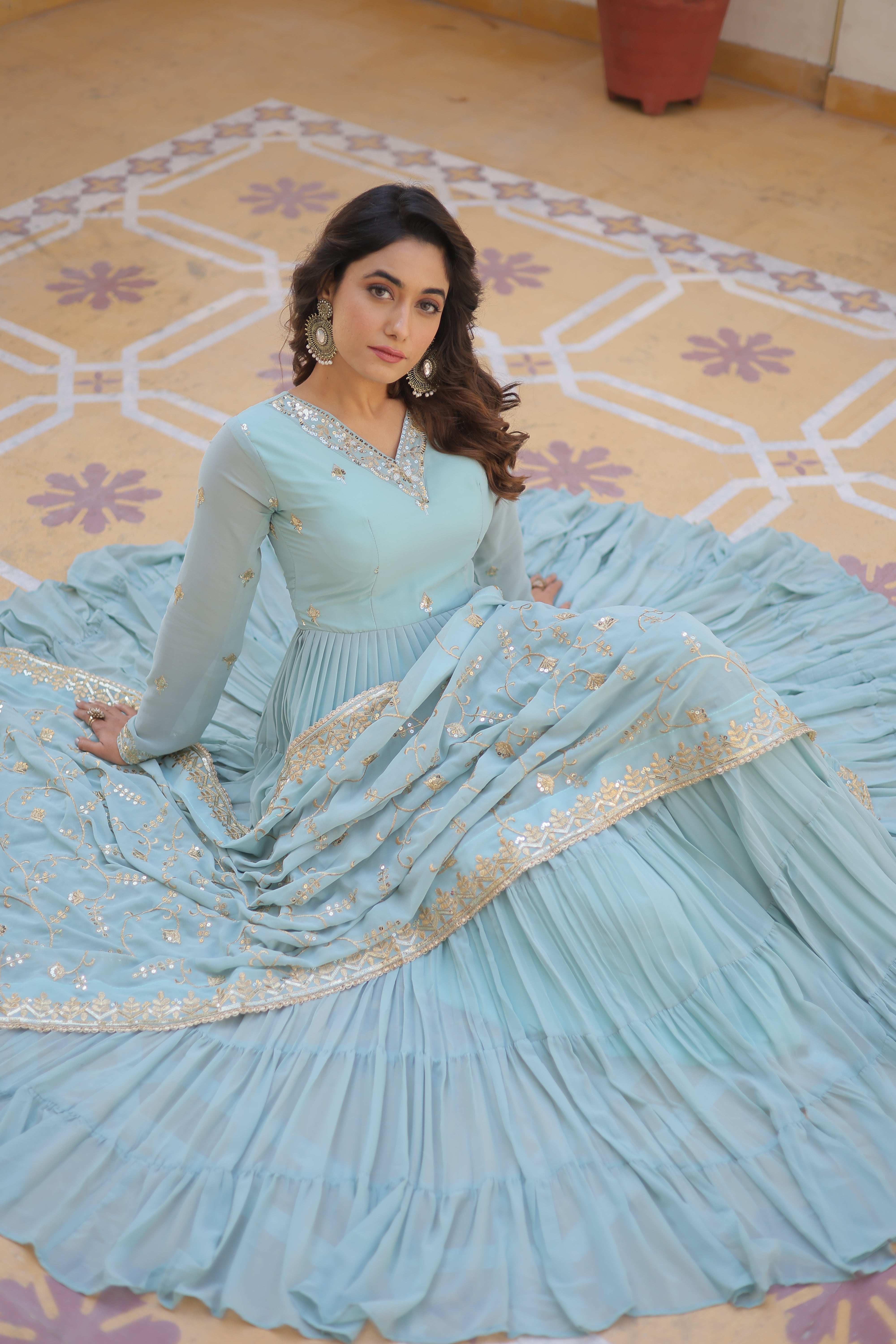 Georgette embroidered festival gown with sequins work for women wedding reception party wear