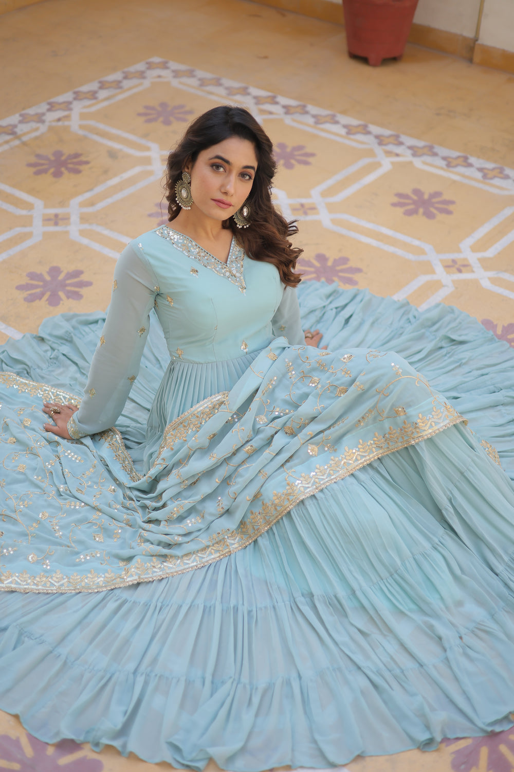 Georgette embroidered festival gown with sequins work for women wedding reception party wear