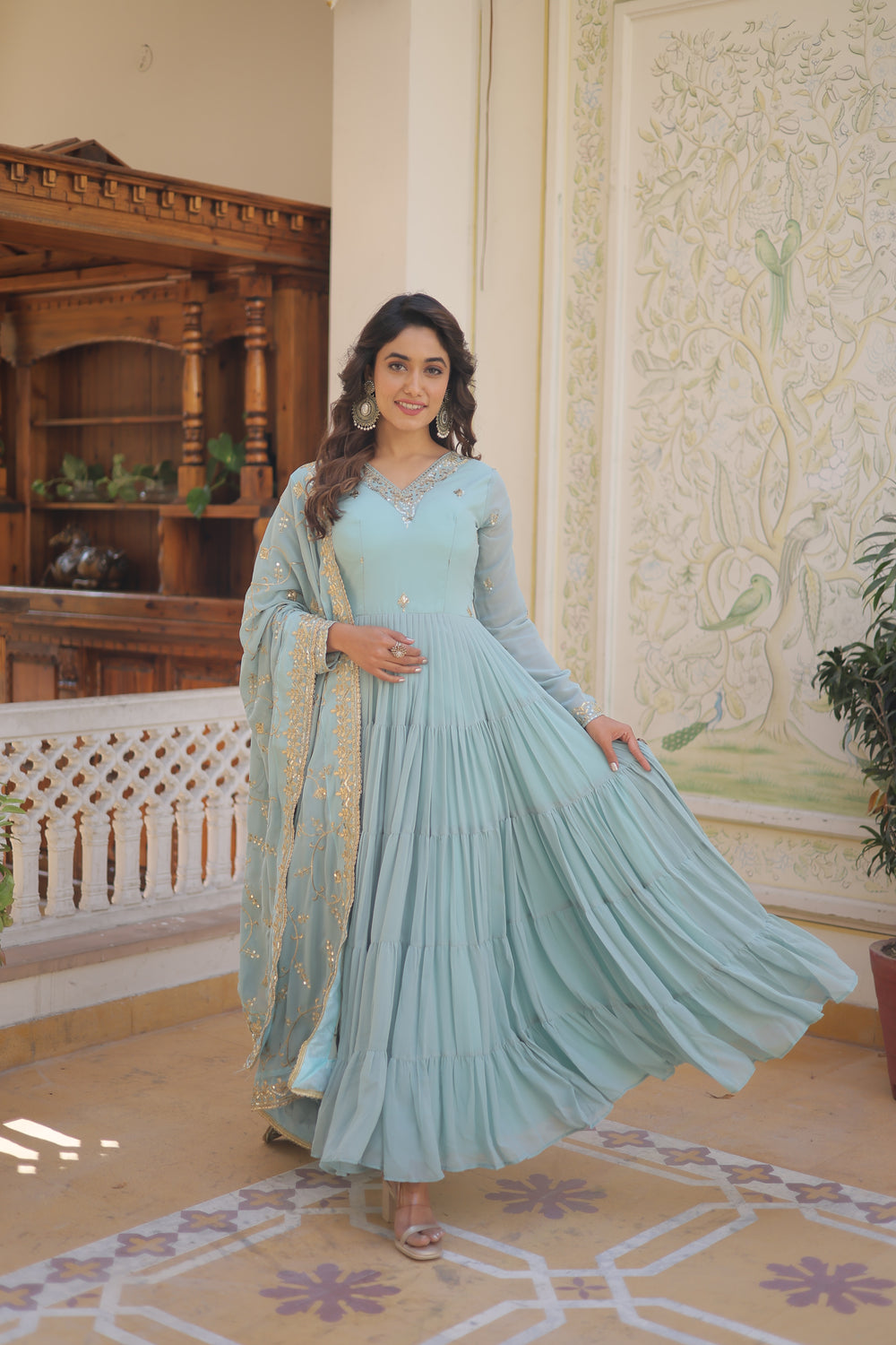 Georgette embroidered festival gown with sequins work for women wedding reception party wear