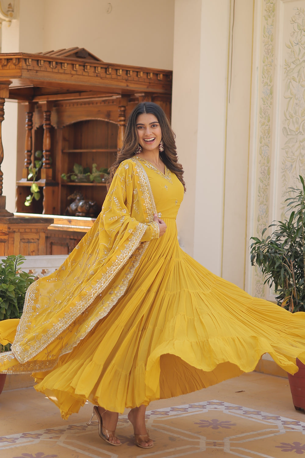 Georgette embroidered festival gown with sequins work for women wedding reception party wear