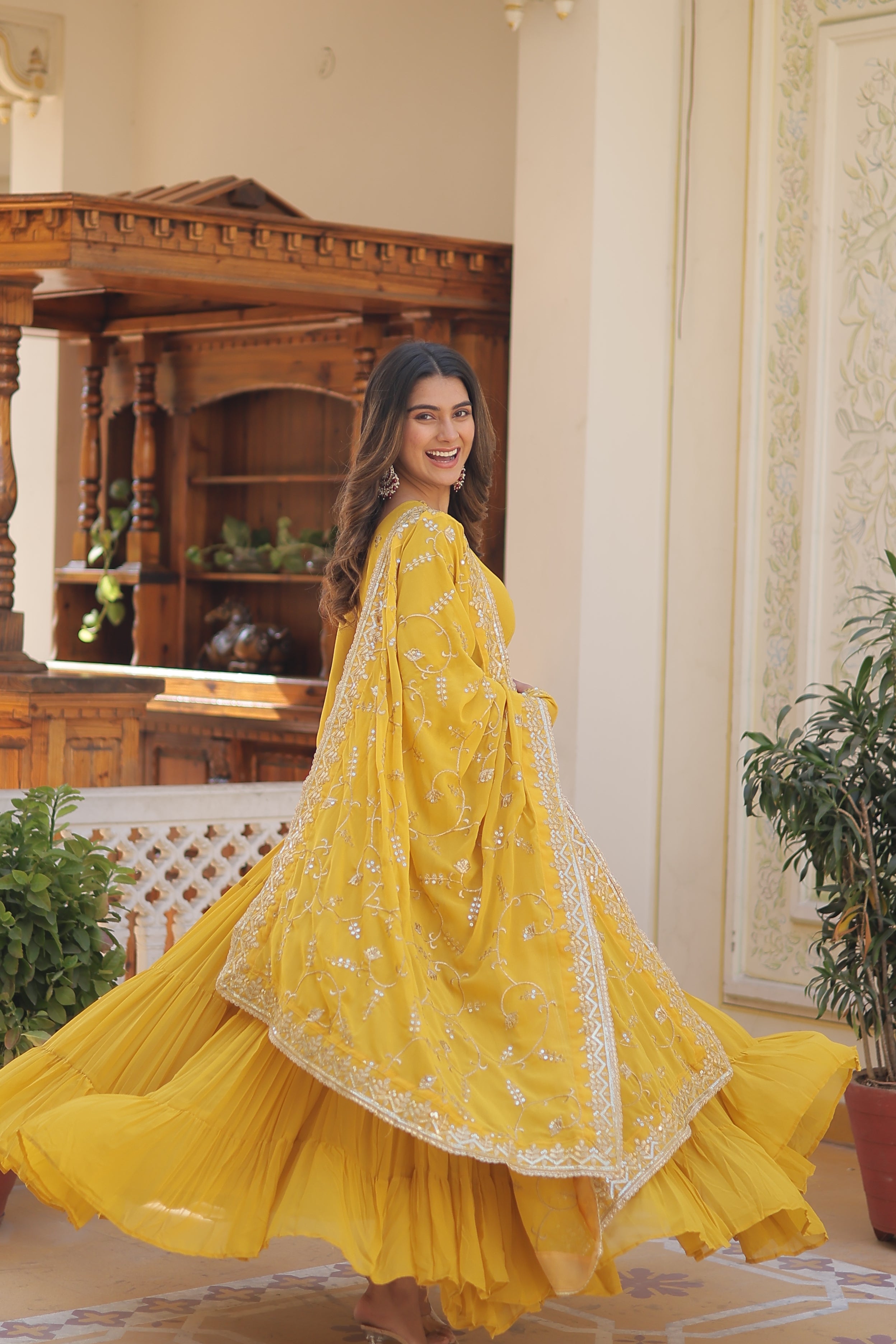 Georgette embroidered festival gown with sequins work for women wedding reception party wear