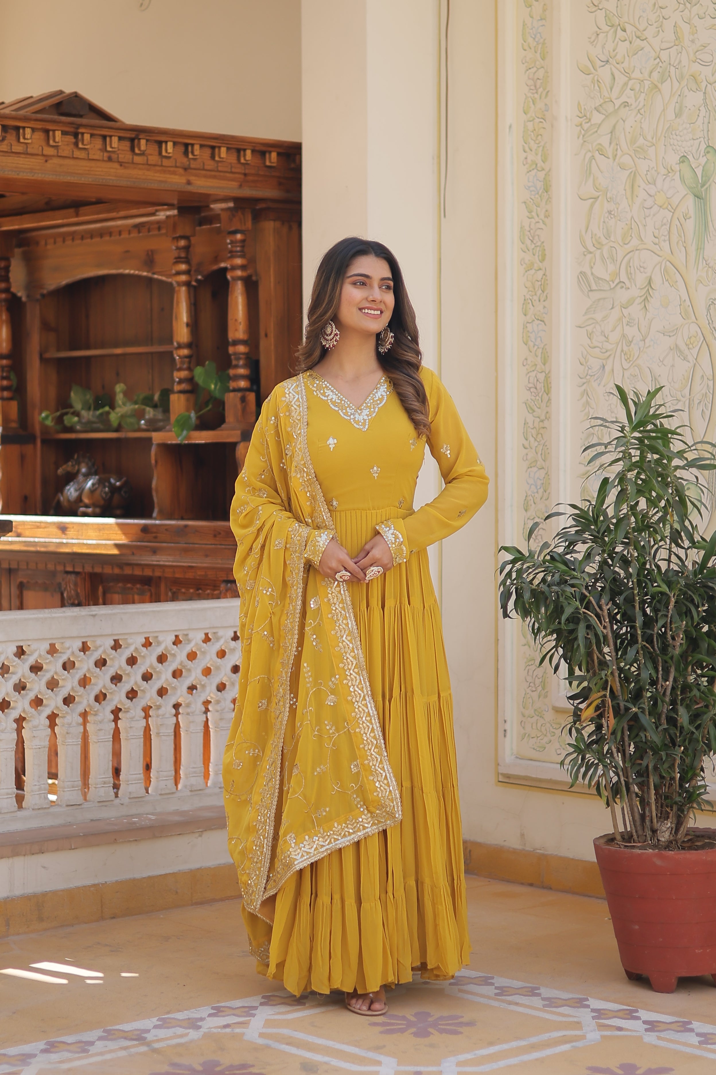 Georgette embroidered festival gown with sequins work for women wedding reception party wear