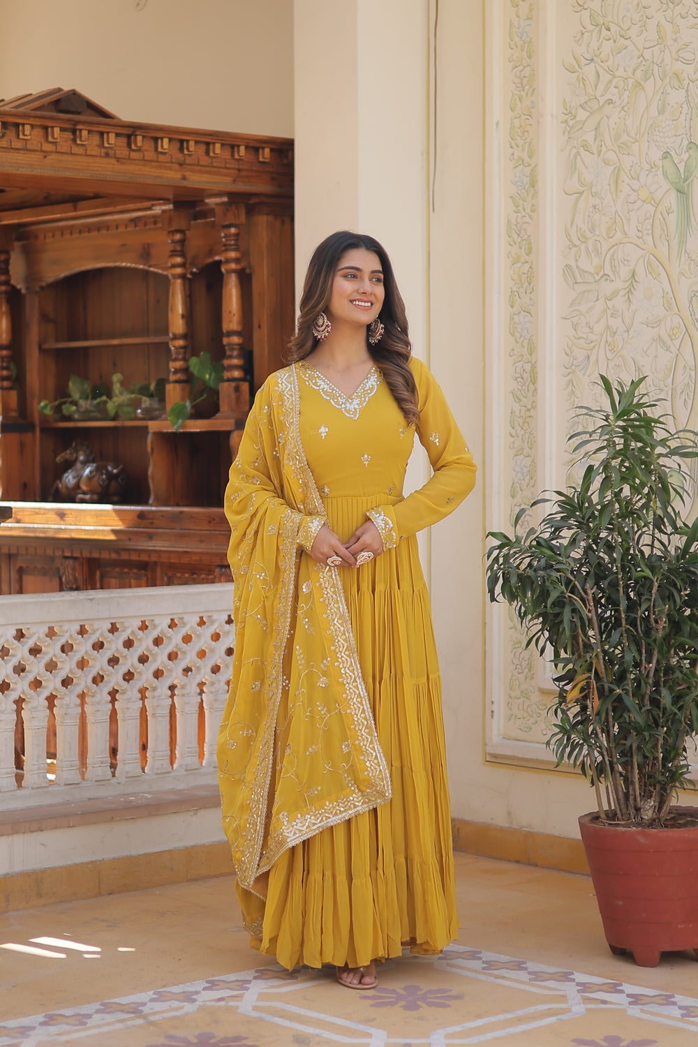 Georgette embroidered festival gown with sequins work for women wedding reception party wear