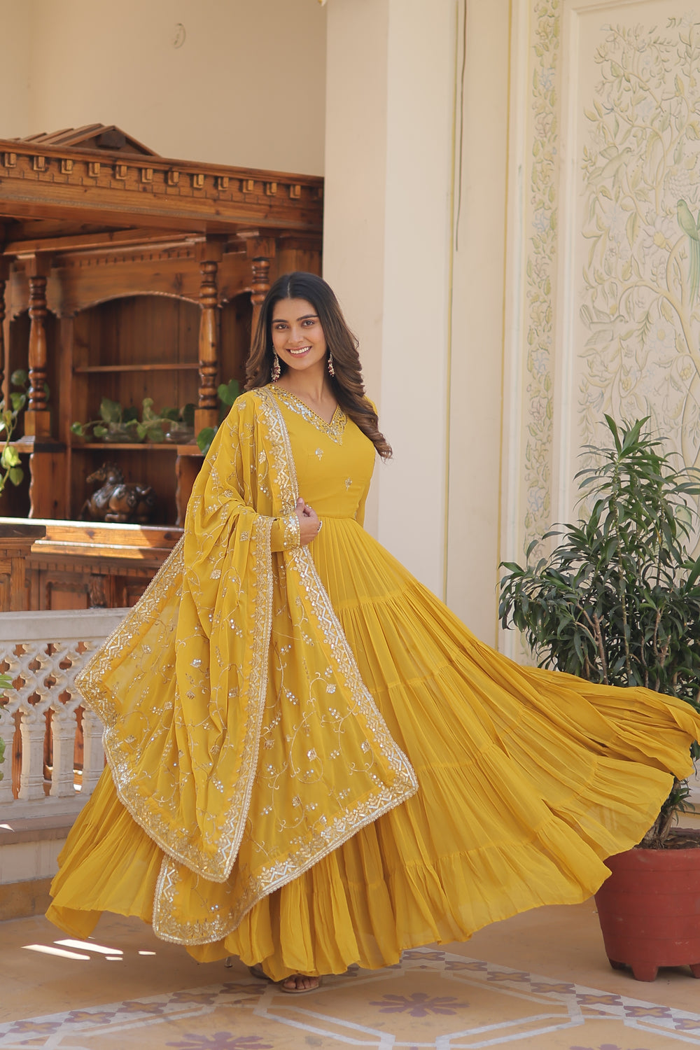 Georgette embroidered festival gown with sequins work for women wedding reception party wear