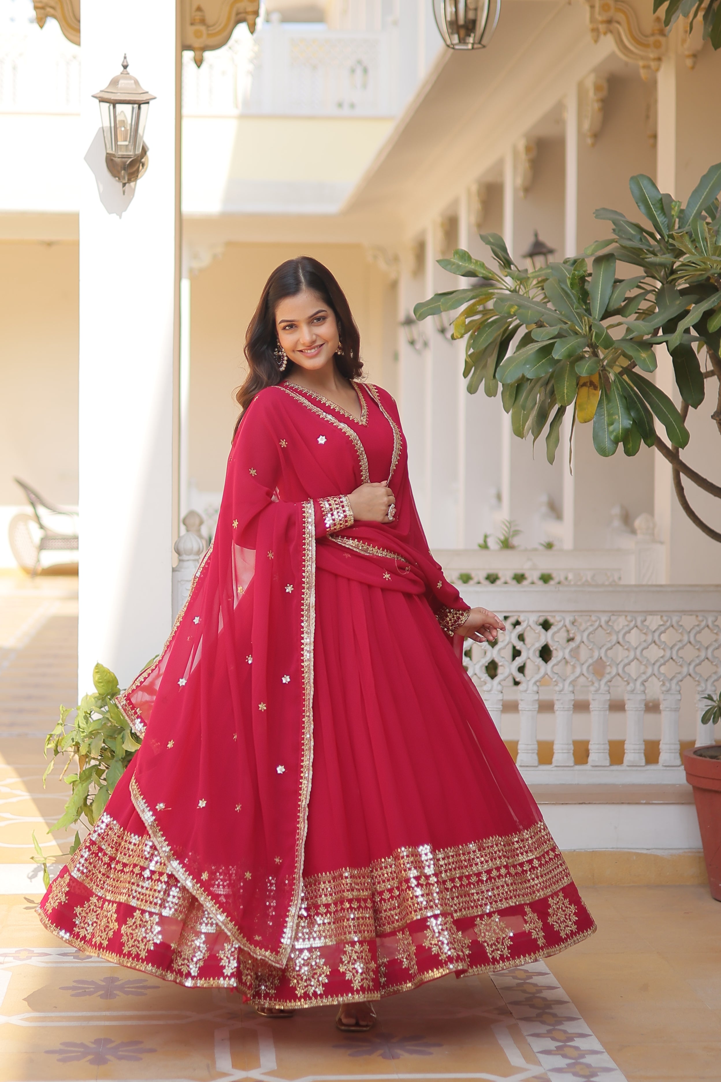 Georgette Sequins Reception Wear Gown With Dupatta