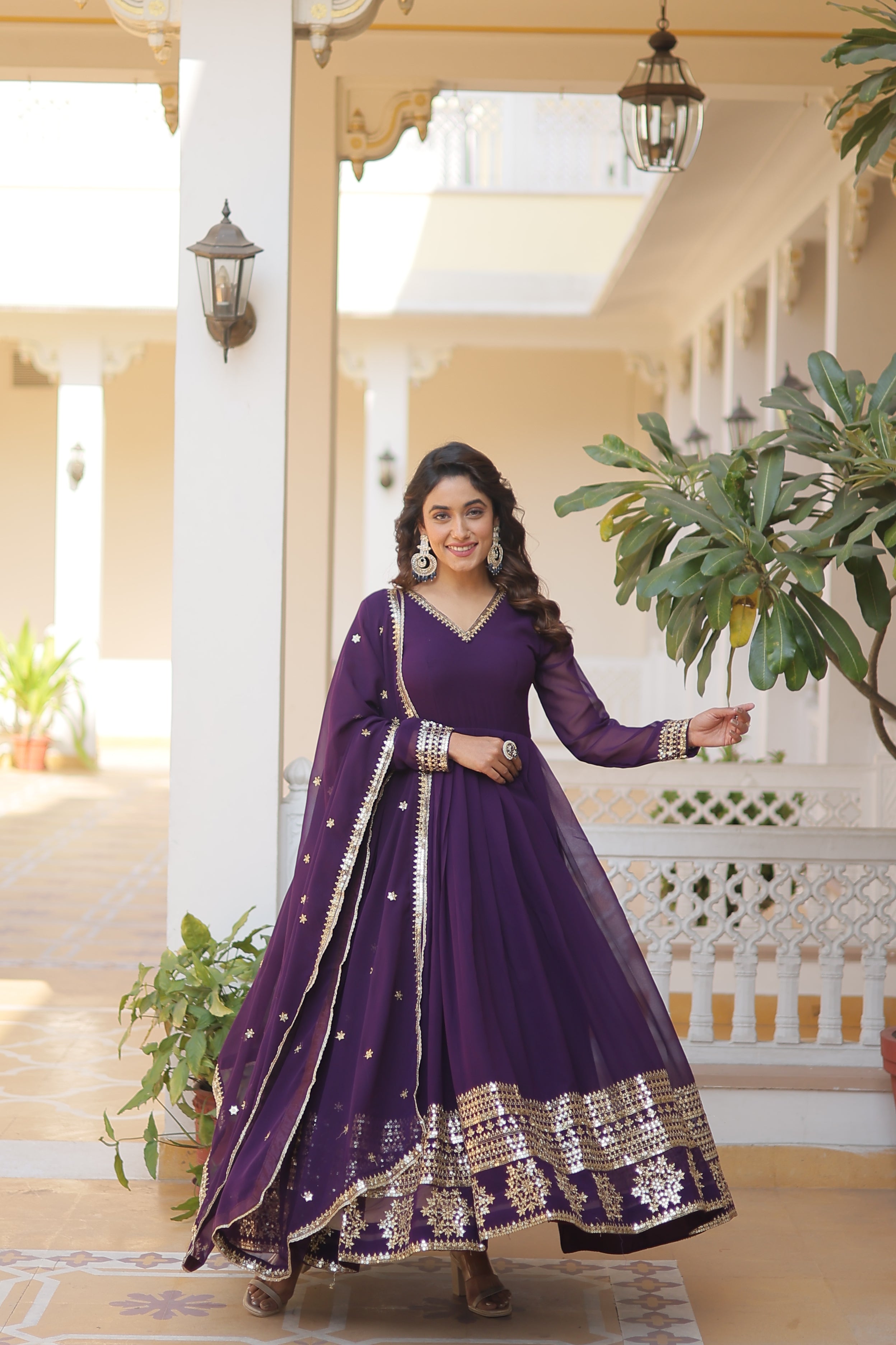 Georgette Sequins Reception Wear Gown With Dupatta