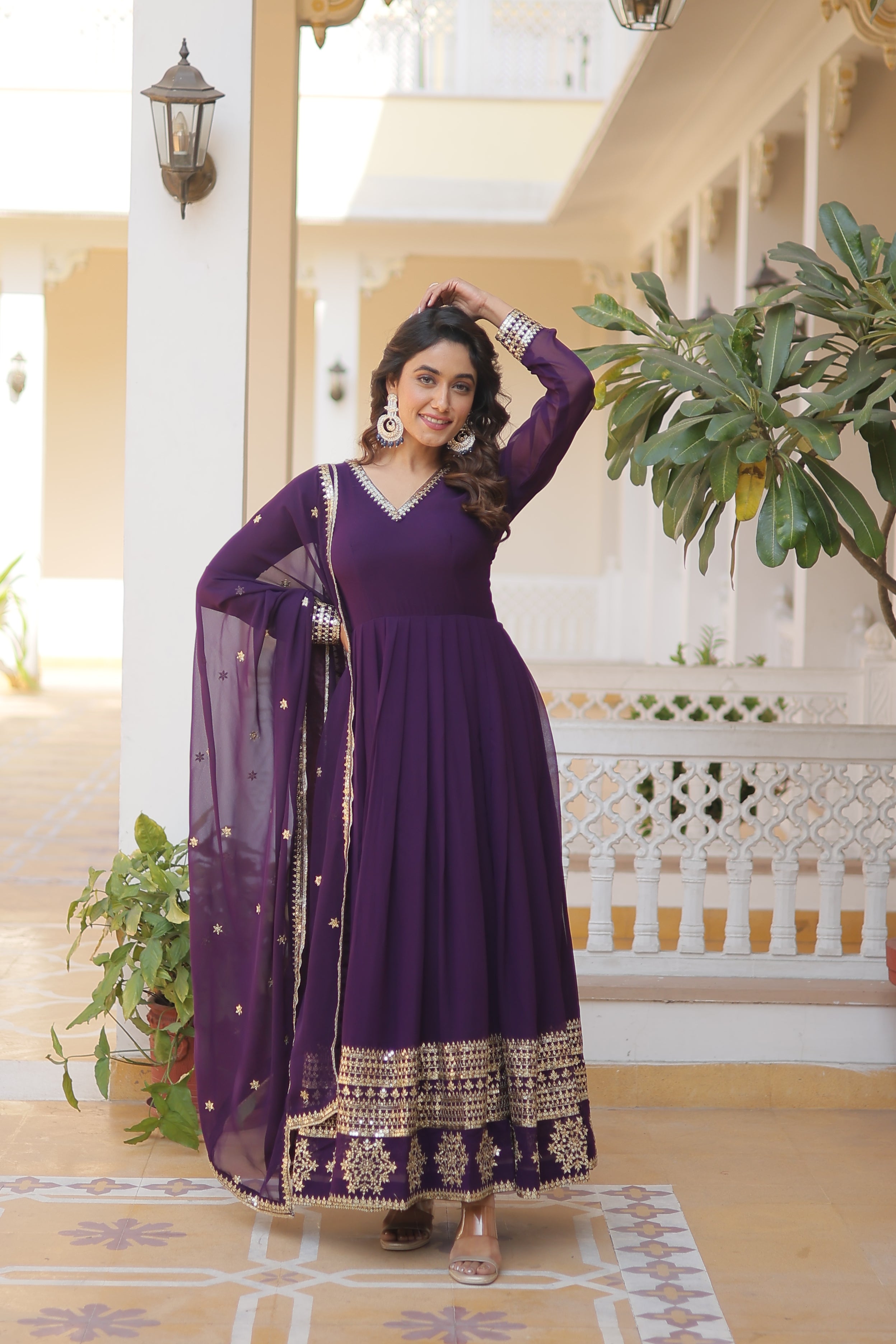 Georgette Sequins Reception Wear Gown With Dupatta