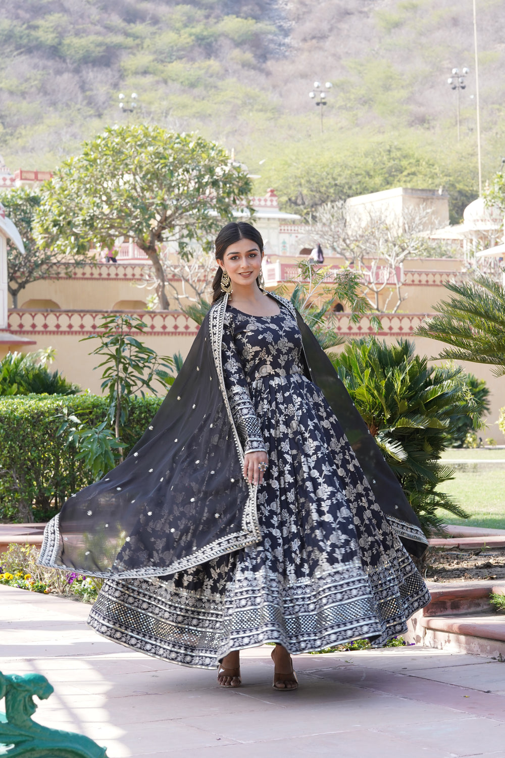Jacquard Embroidered Reception Gown with Dupatta
