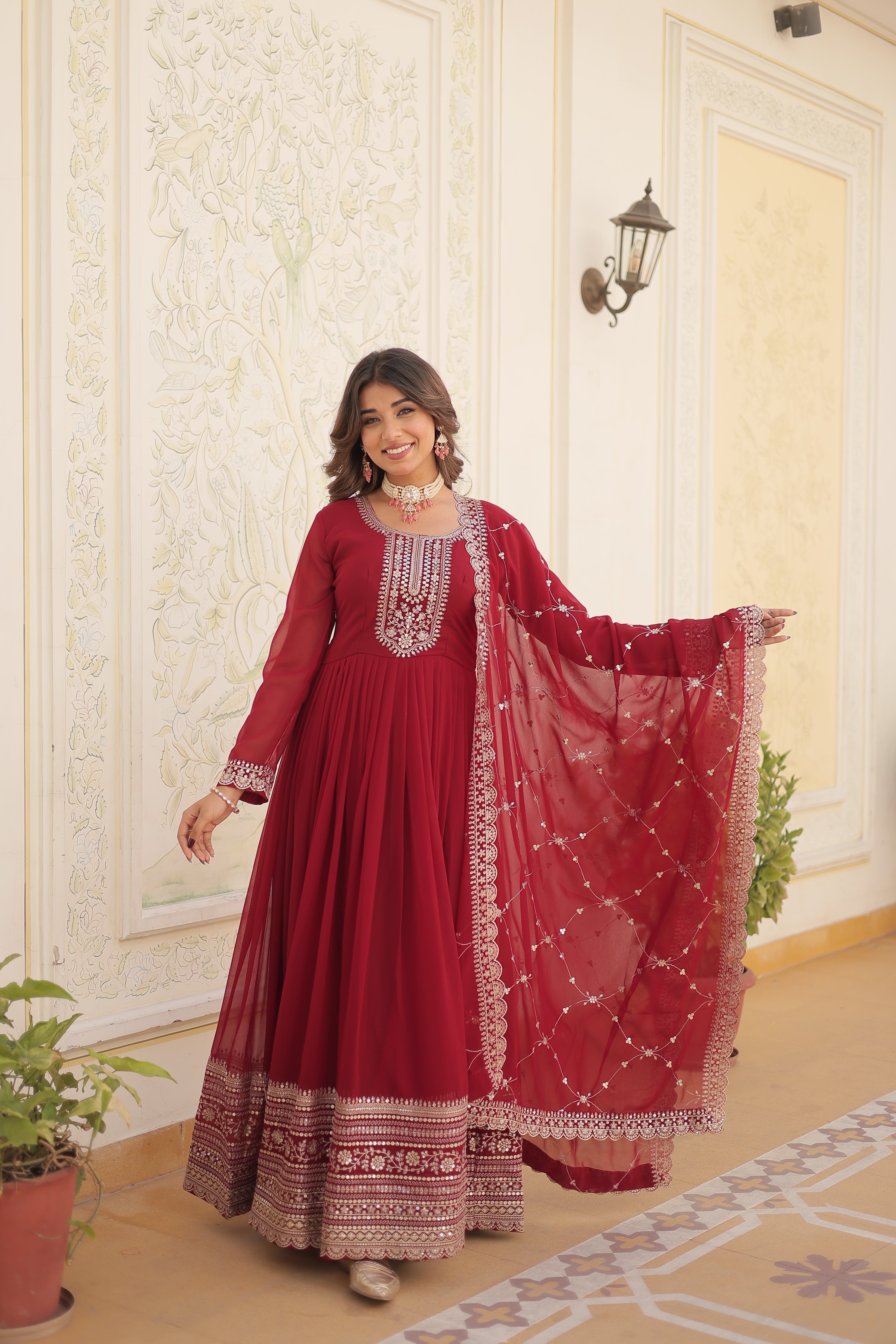 Georgette Sequins Reception Gown With Dupatta | Premium Embroidery
