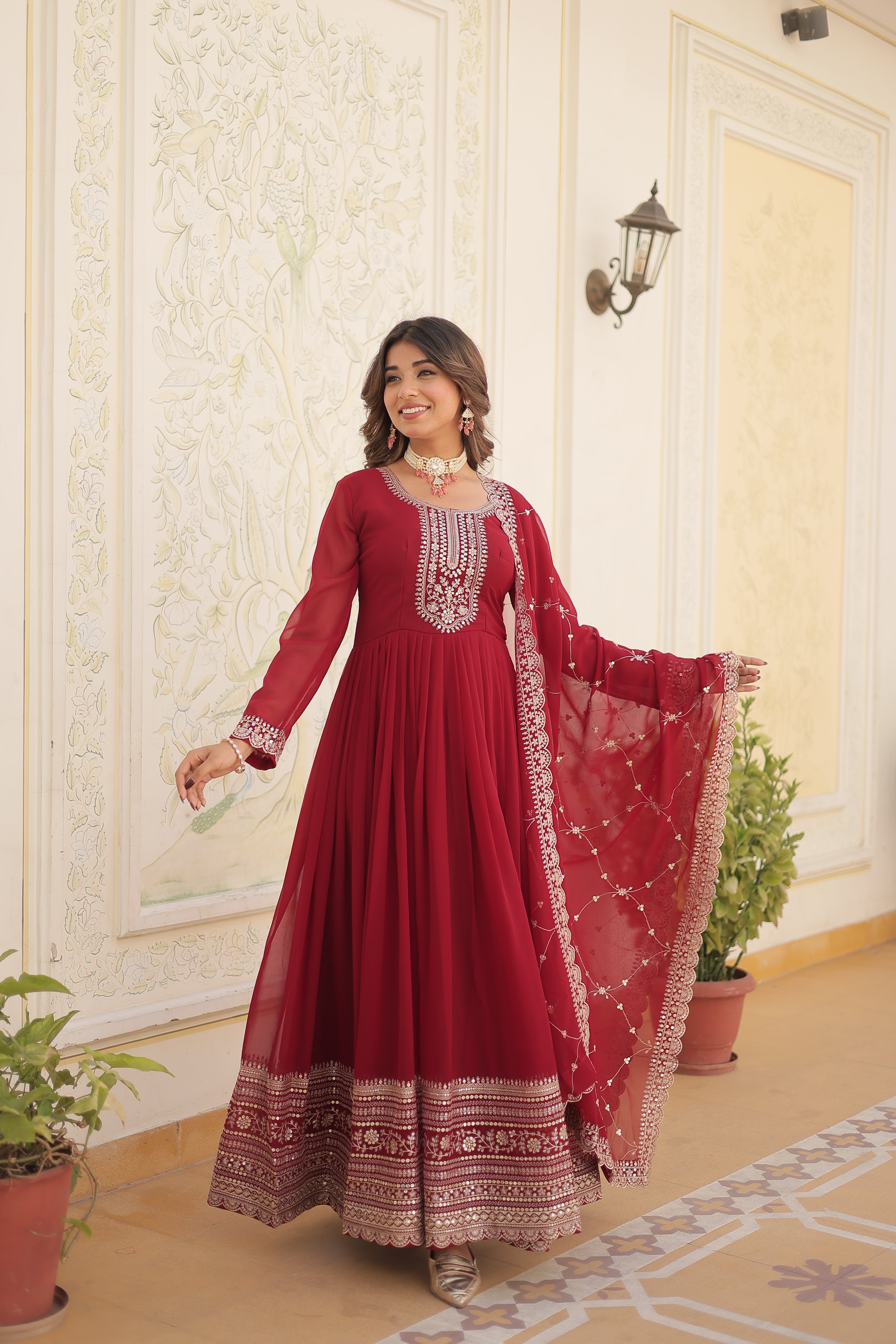 Georgette Sequins Reception Gown With Dupatta | Premium Embroidery