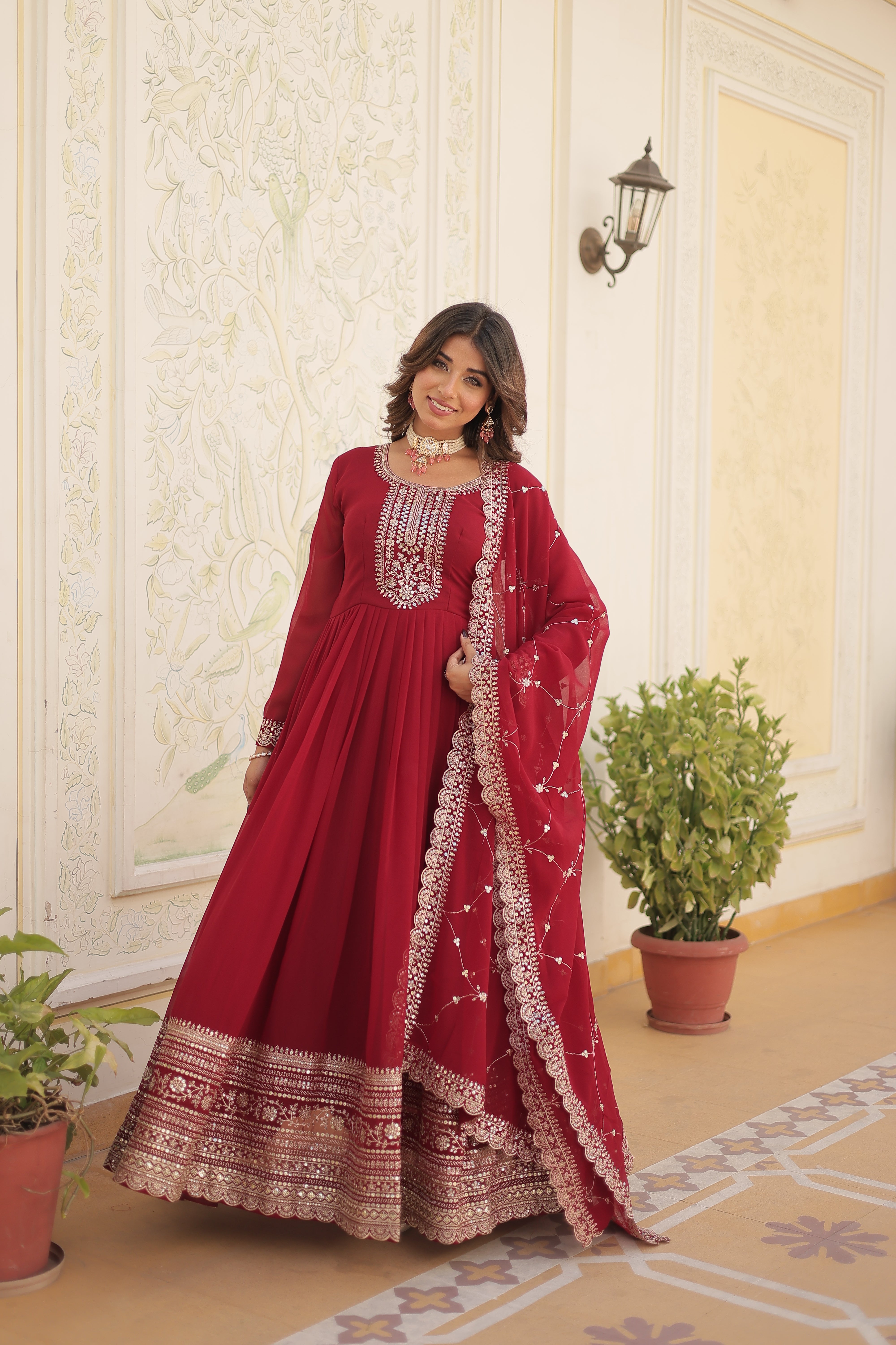 Georgette Sequins Reception Gown With Dupatta | Premium Embroidery