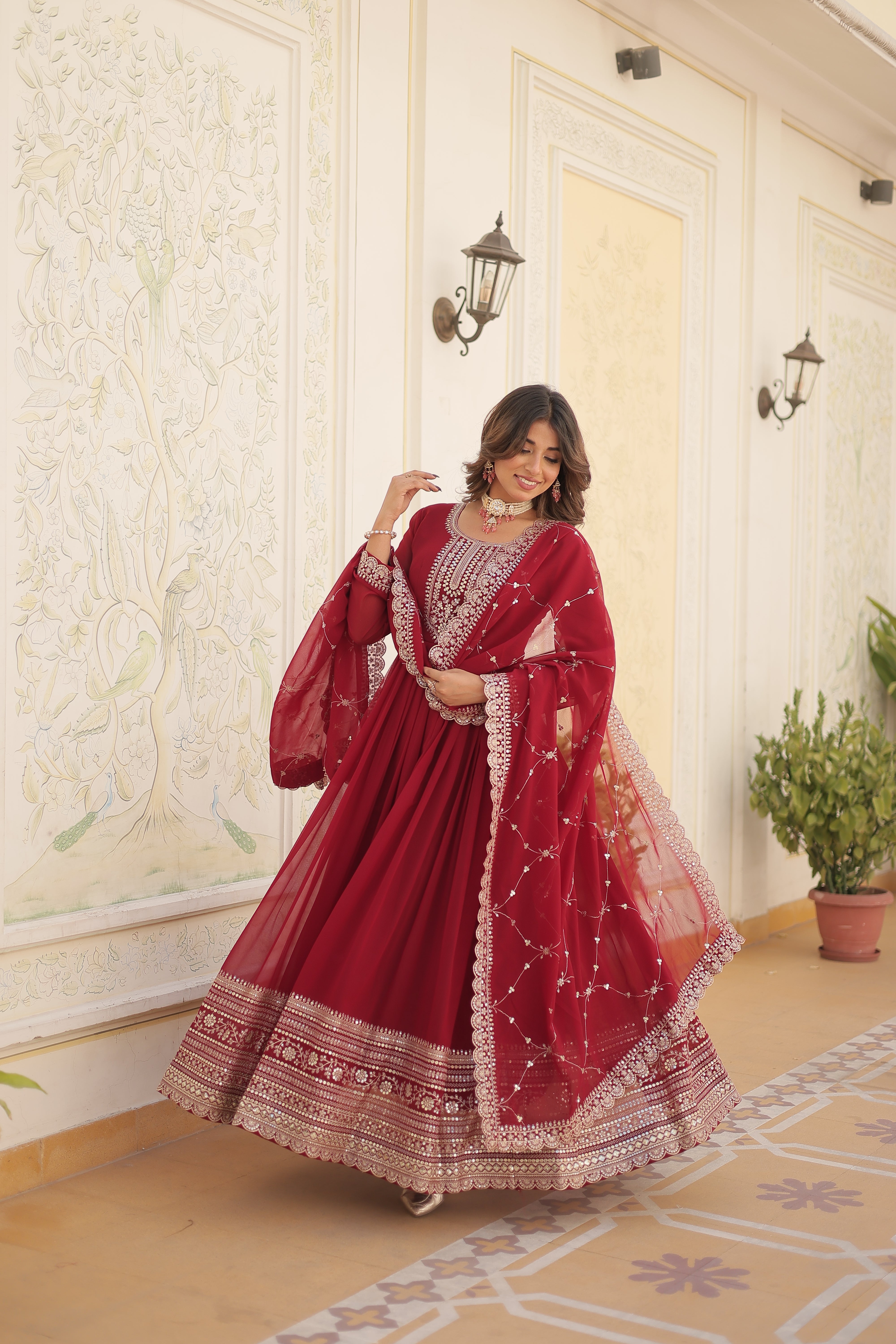 Georgette Sequins Reception Gown With Dupatta | Premium Embroidery