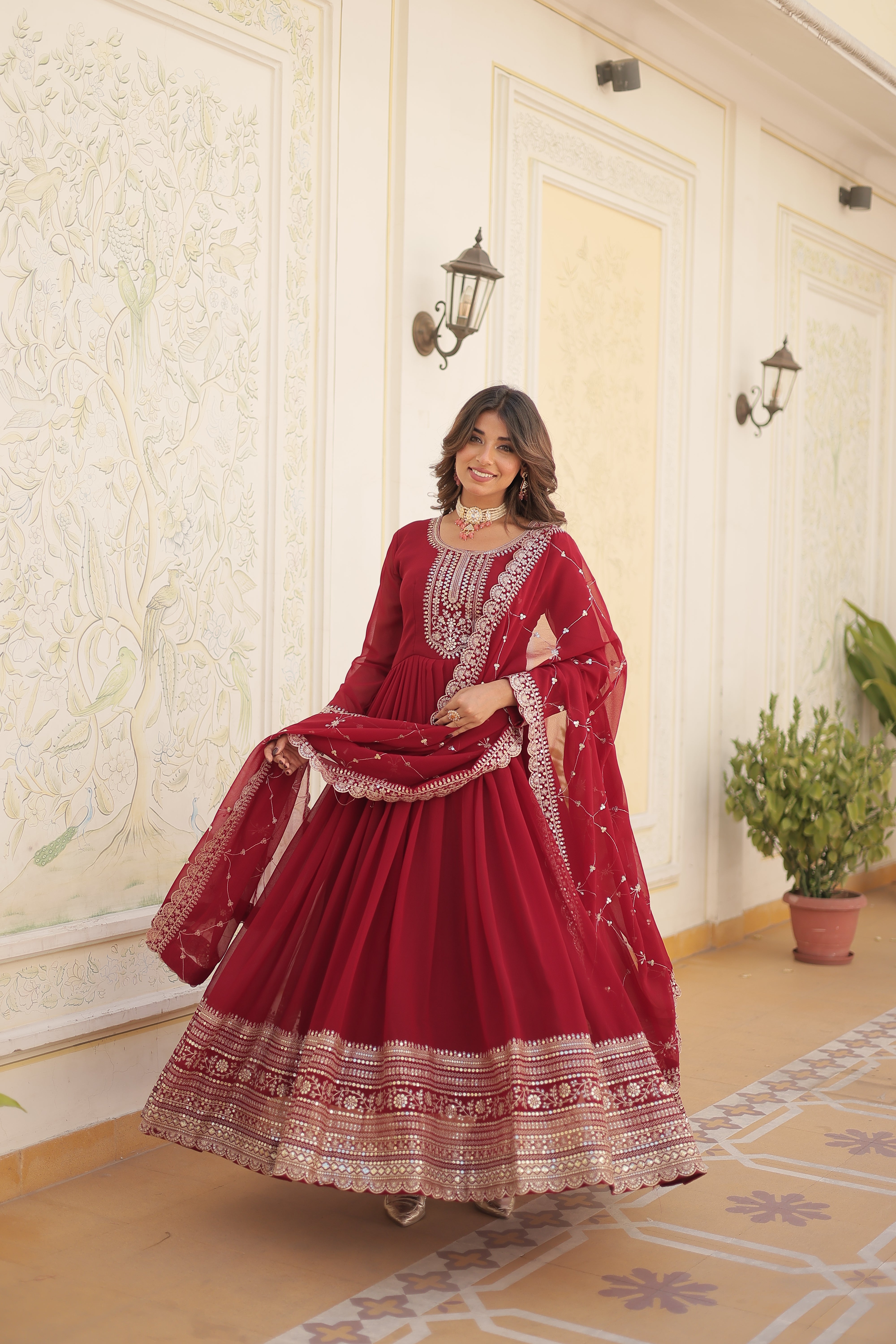 Georgette Sequins Reception Gown With Dupatta | Premium Embroidery