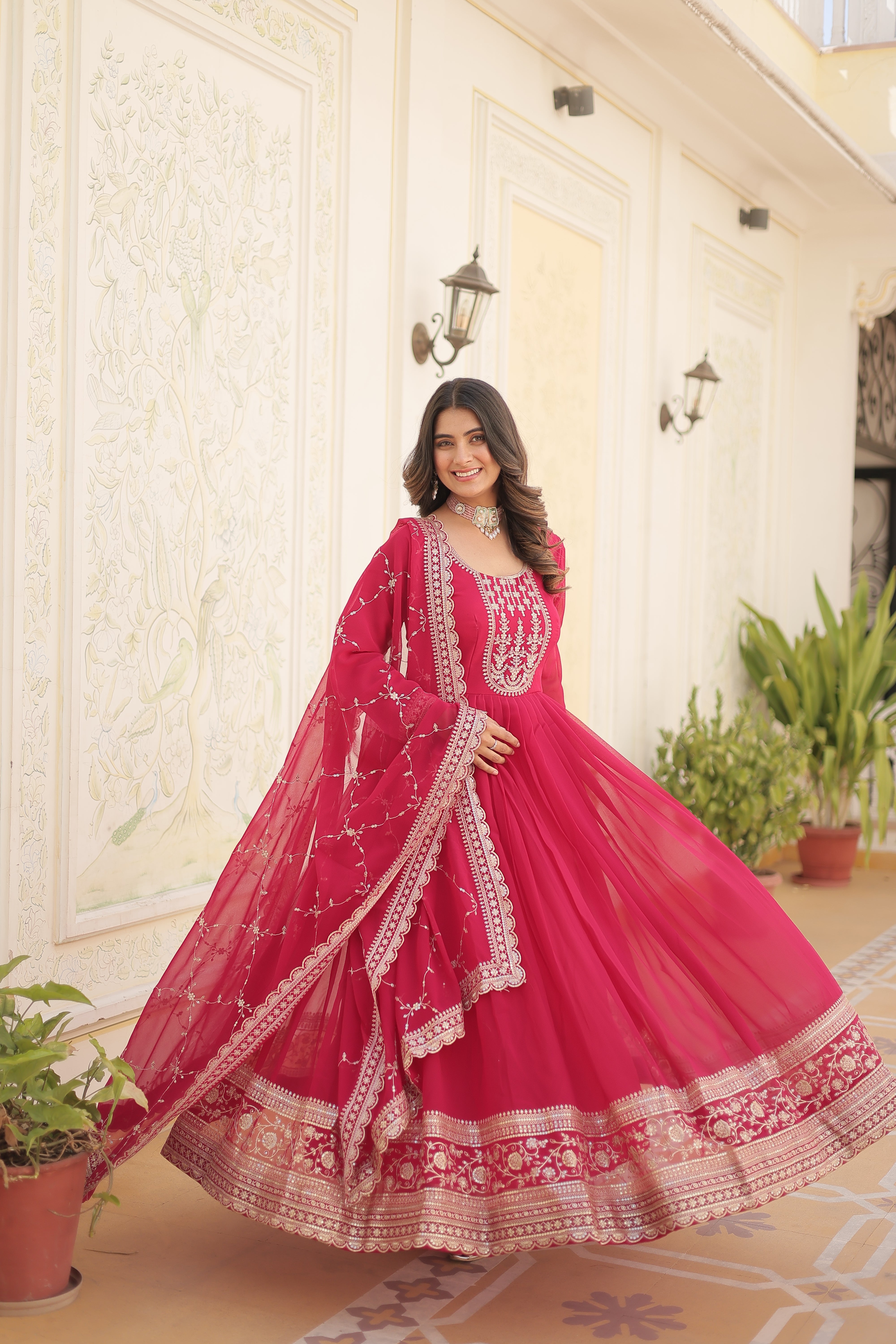 Georgette Sequins Reception Gown With Dupatta | Premium Embroidery