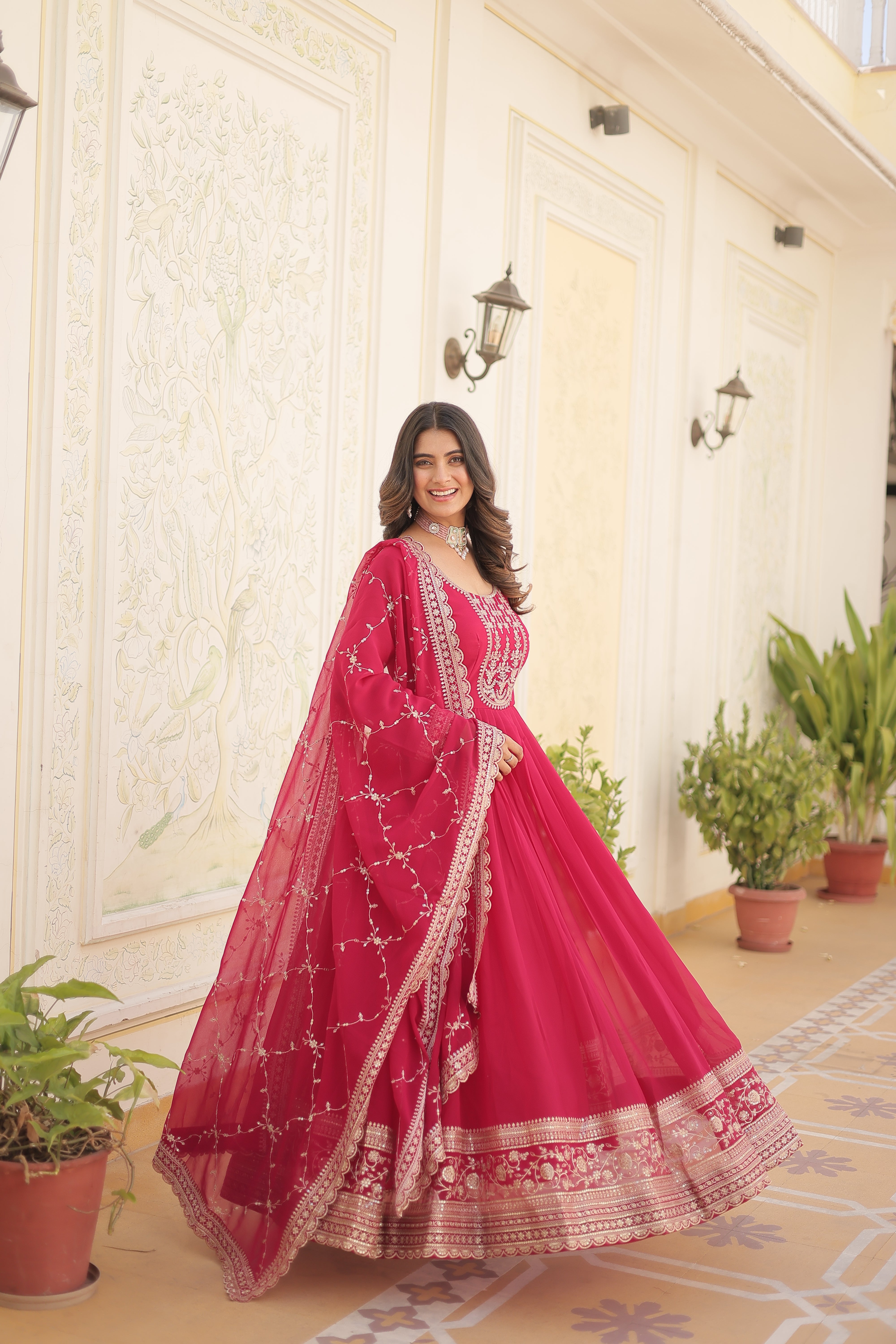 Georgette Sequins Reception Gown With Dupatta | Premium Embroidery