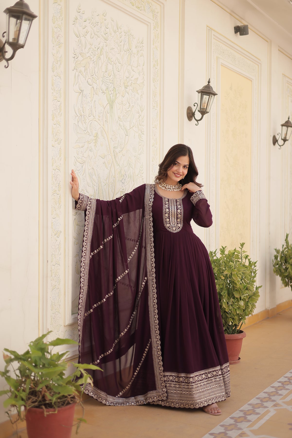 Georgette Sequins Reception Gown With Dupatta | Premium Embroidery