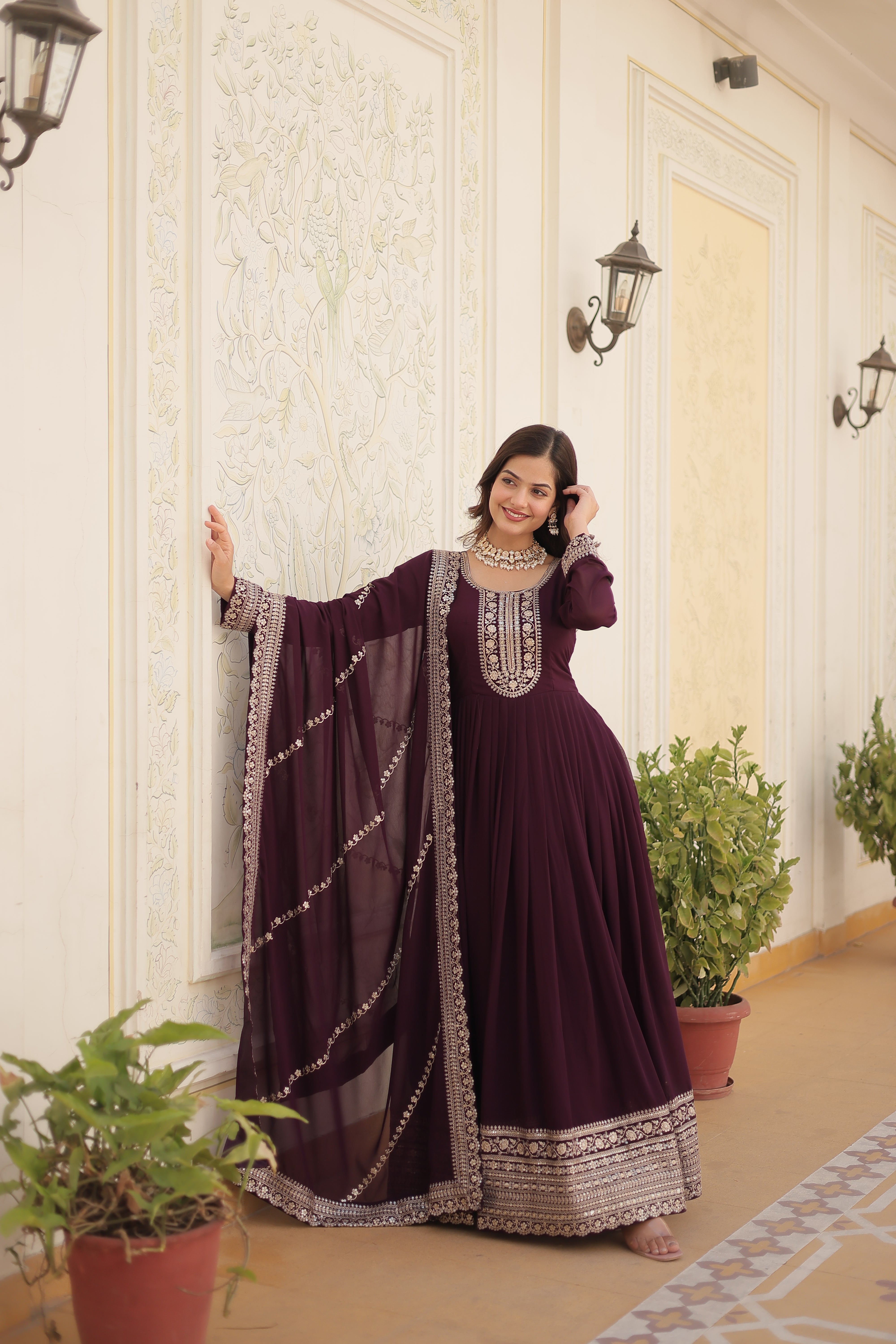 Georgette Sequins Reception Gown With Dupatta | Premium Embroidery