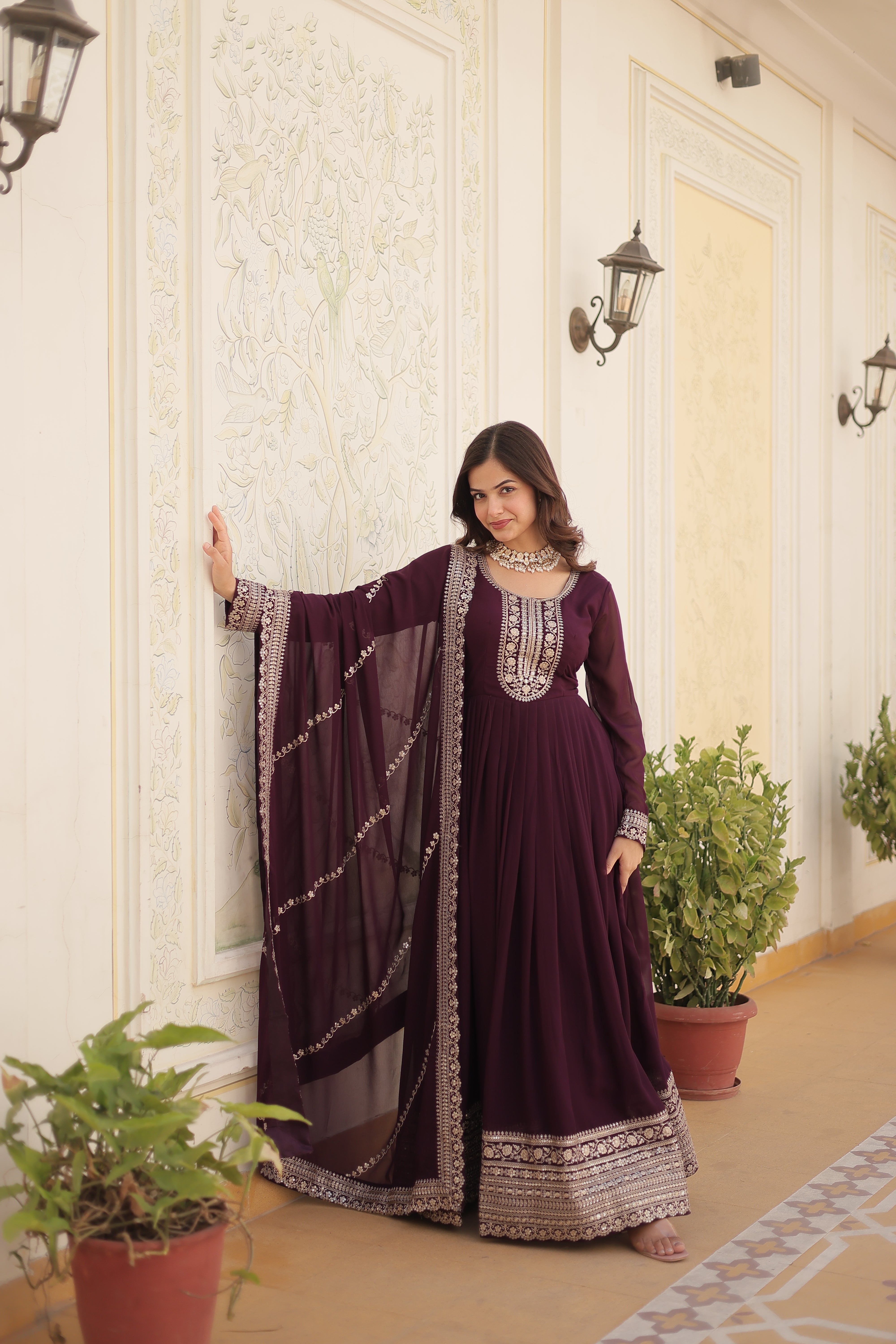 Georgette Sequins Reception Gown With Dupatta | Premium Embroidery