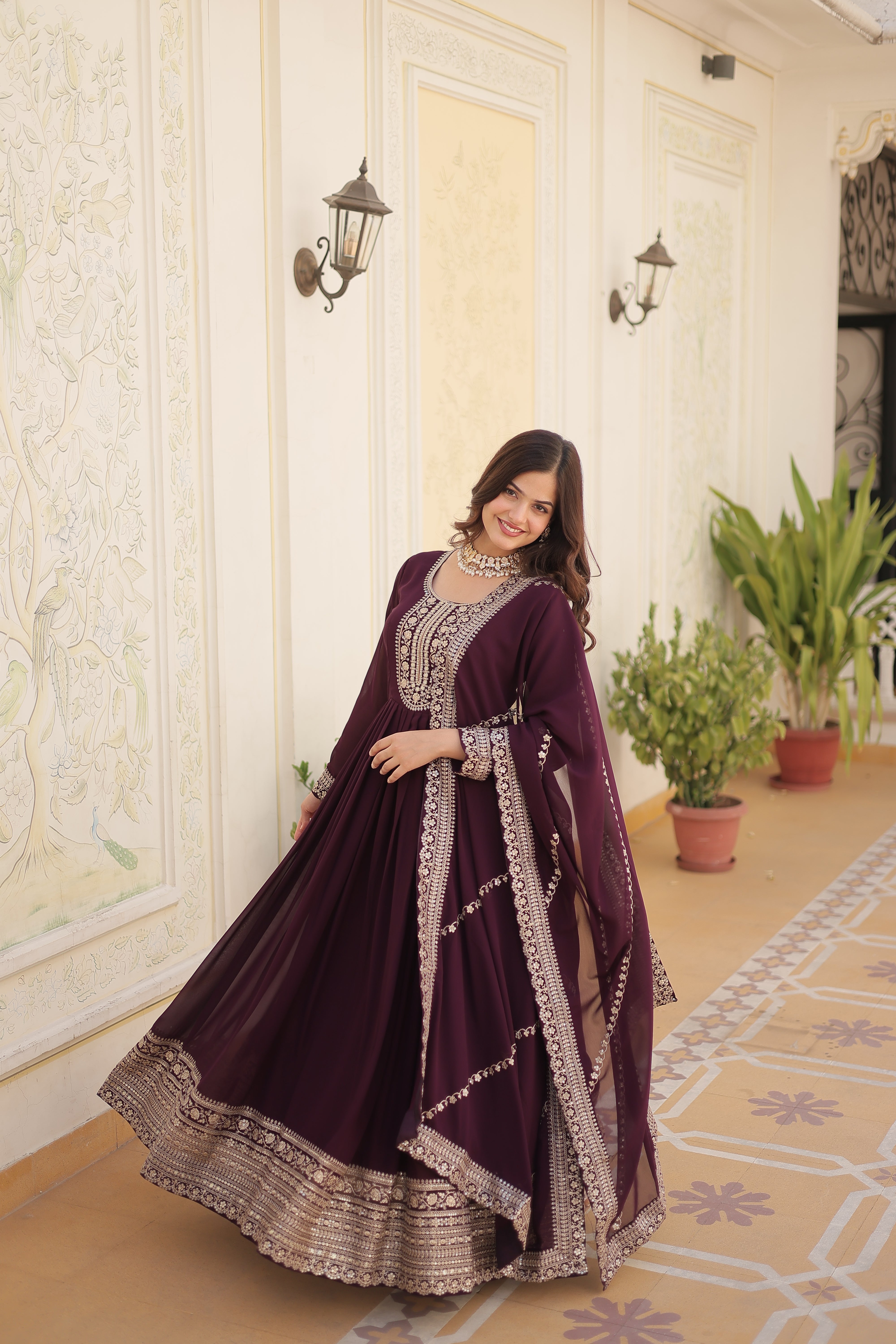 Georgette Sequins Reception Gown With Dupatta | Premium Embroidery