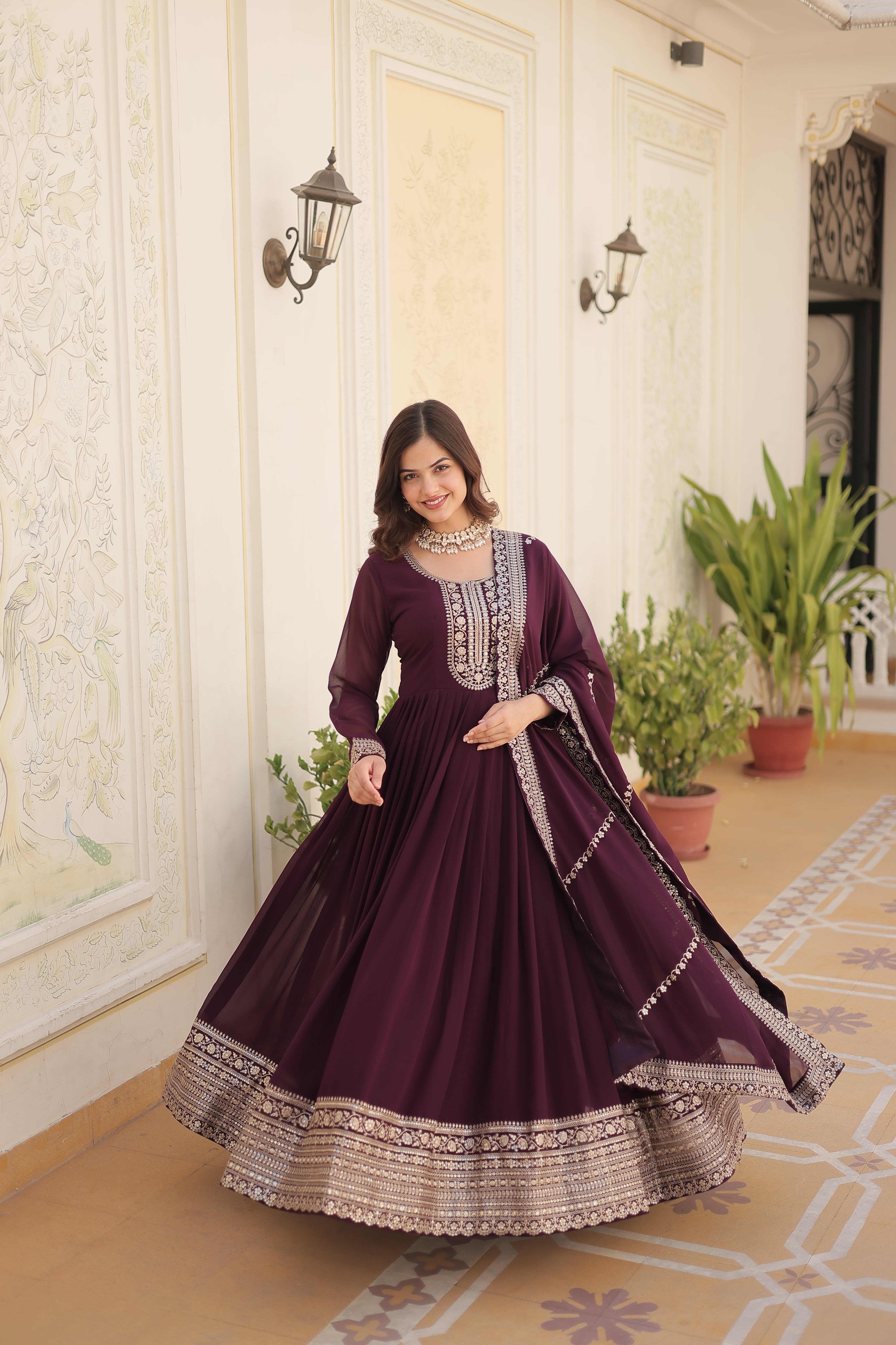 Georgette Sequins Reception Gown With Dupatta | Premium Embroidery