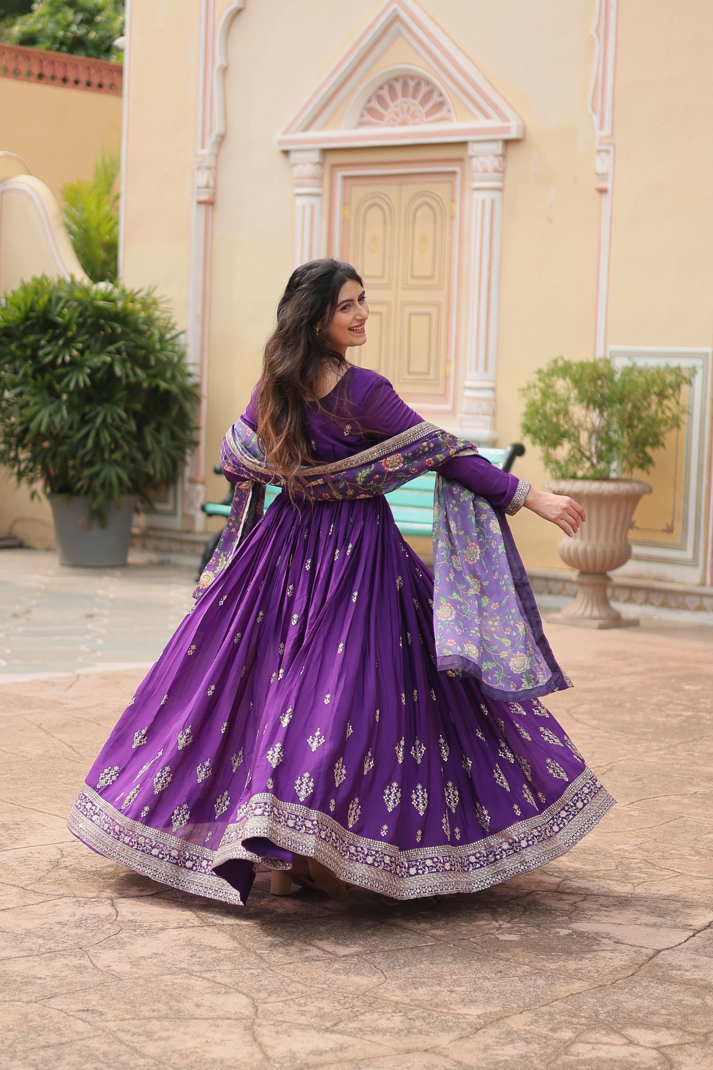 Purple Chinon Sequins Function Wear Gown With Dupatta