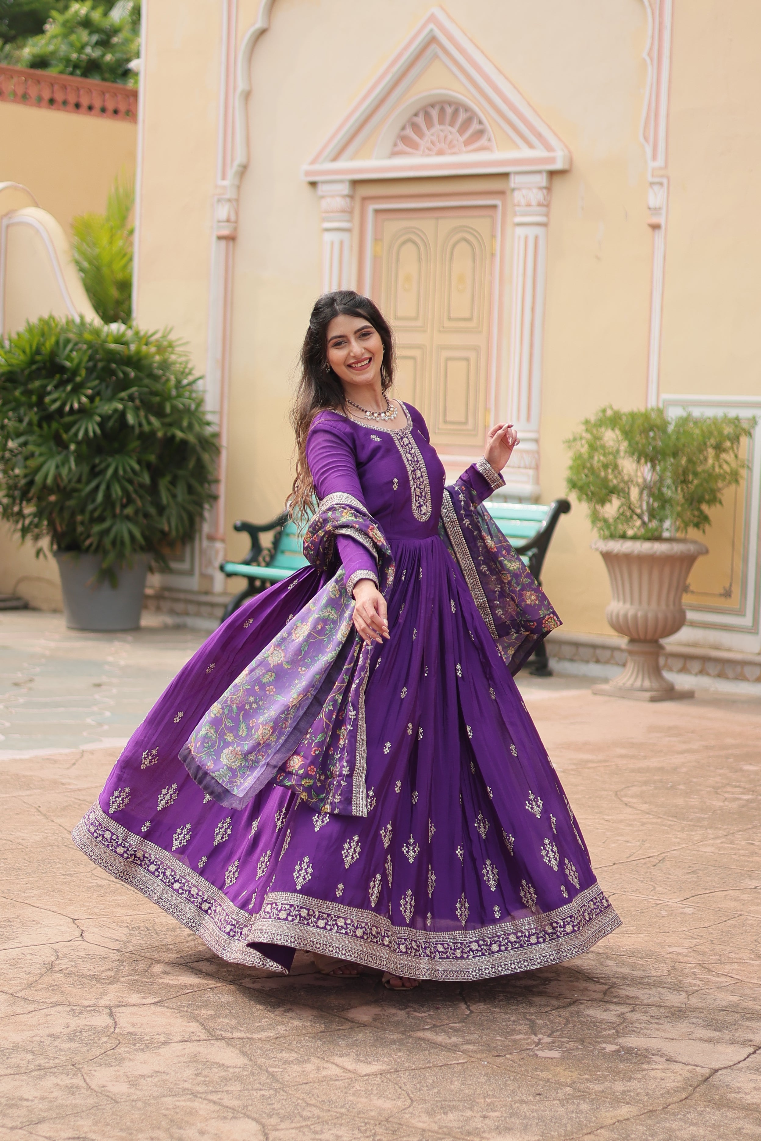Purple Chinon Sequins Function Wear Gown With Dupatta