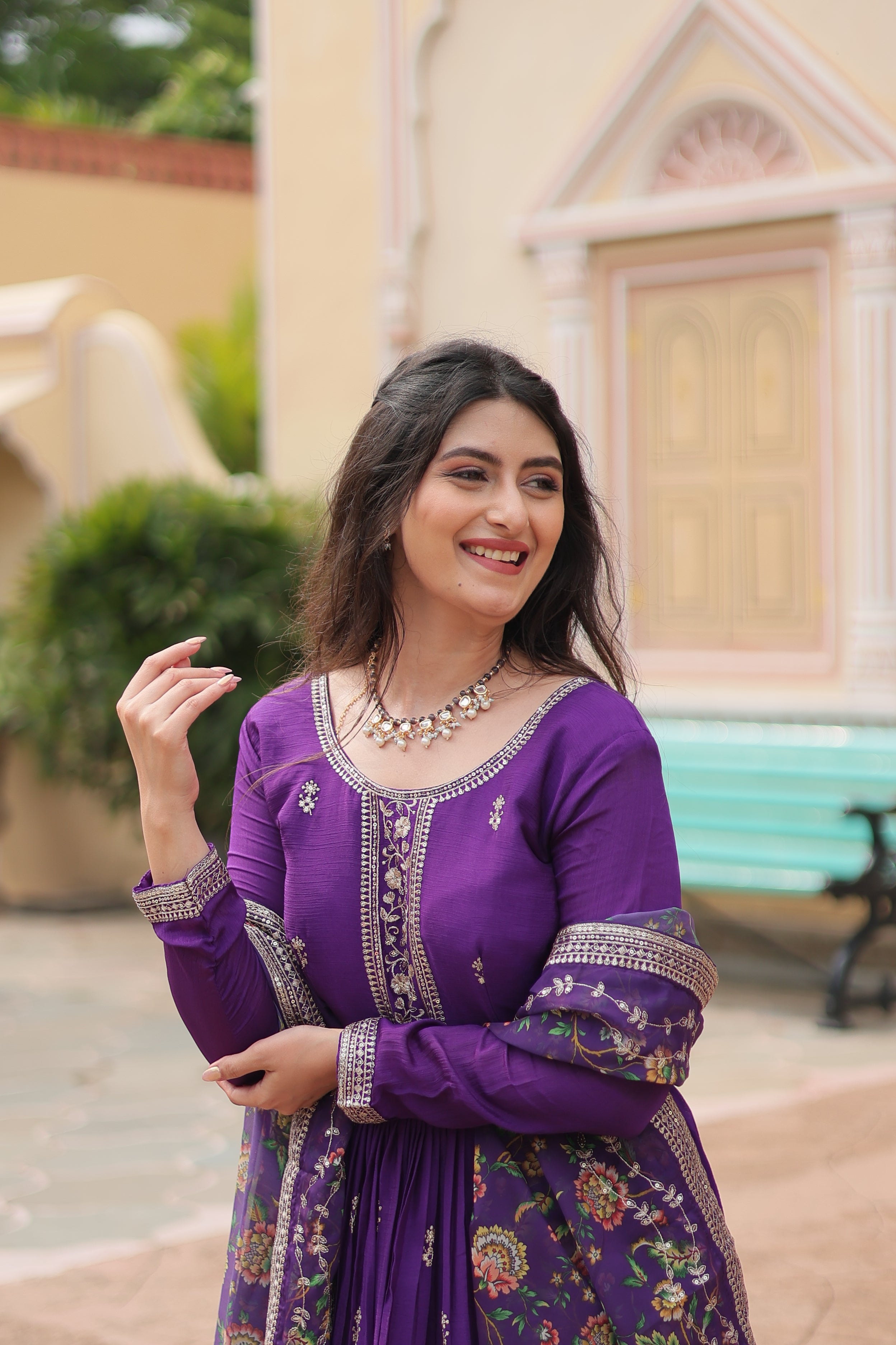 Purple Chinon Sequins Function Wear Gown With Dupatta