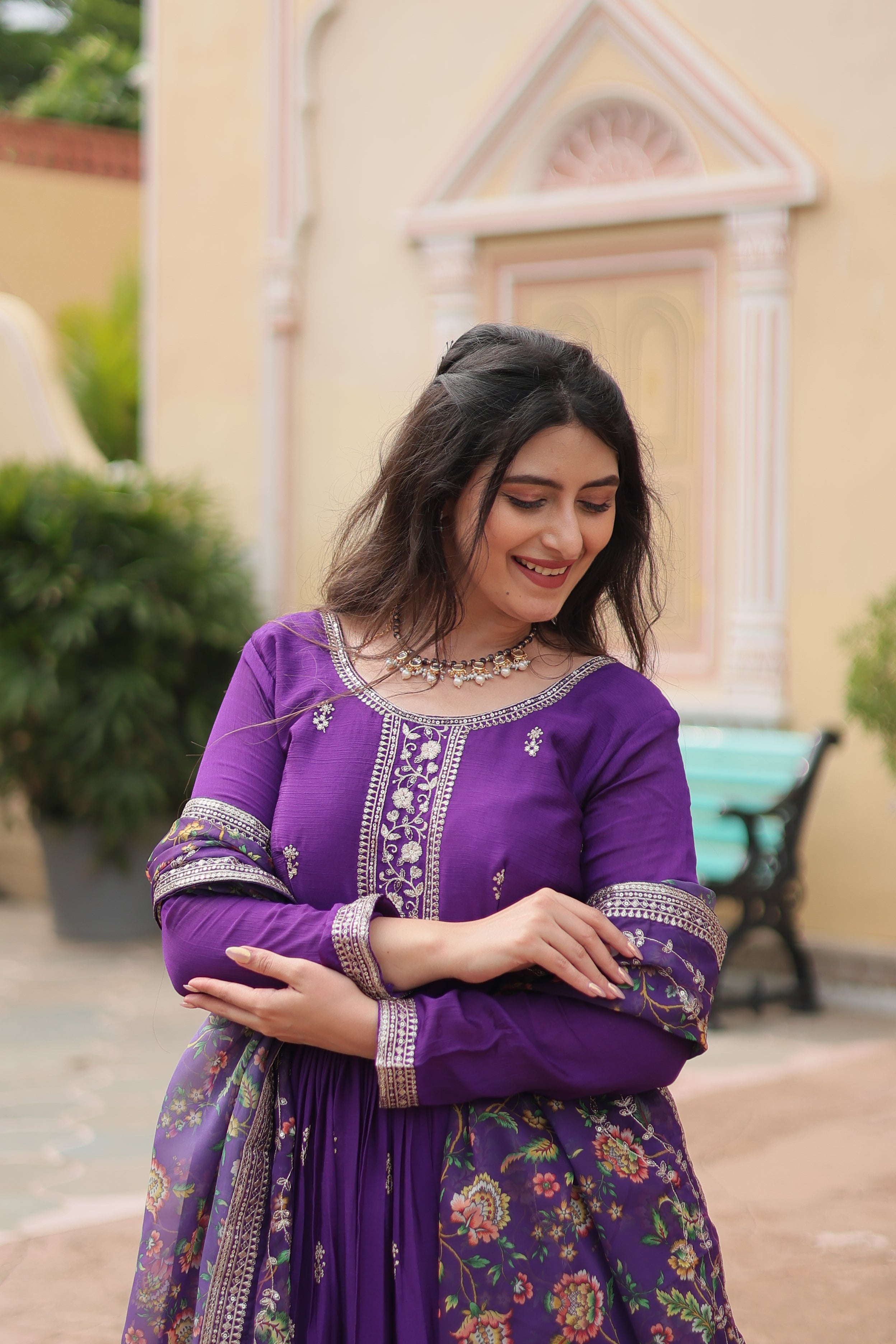 Purple Chinon Sequins Function Wear Gown With Dupatta