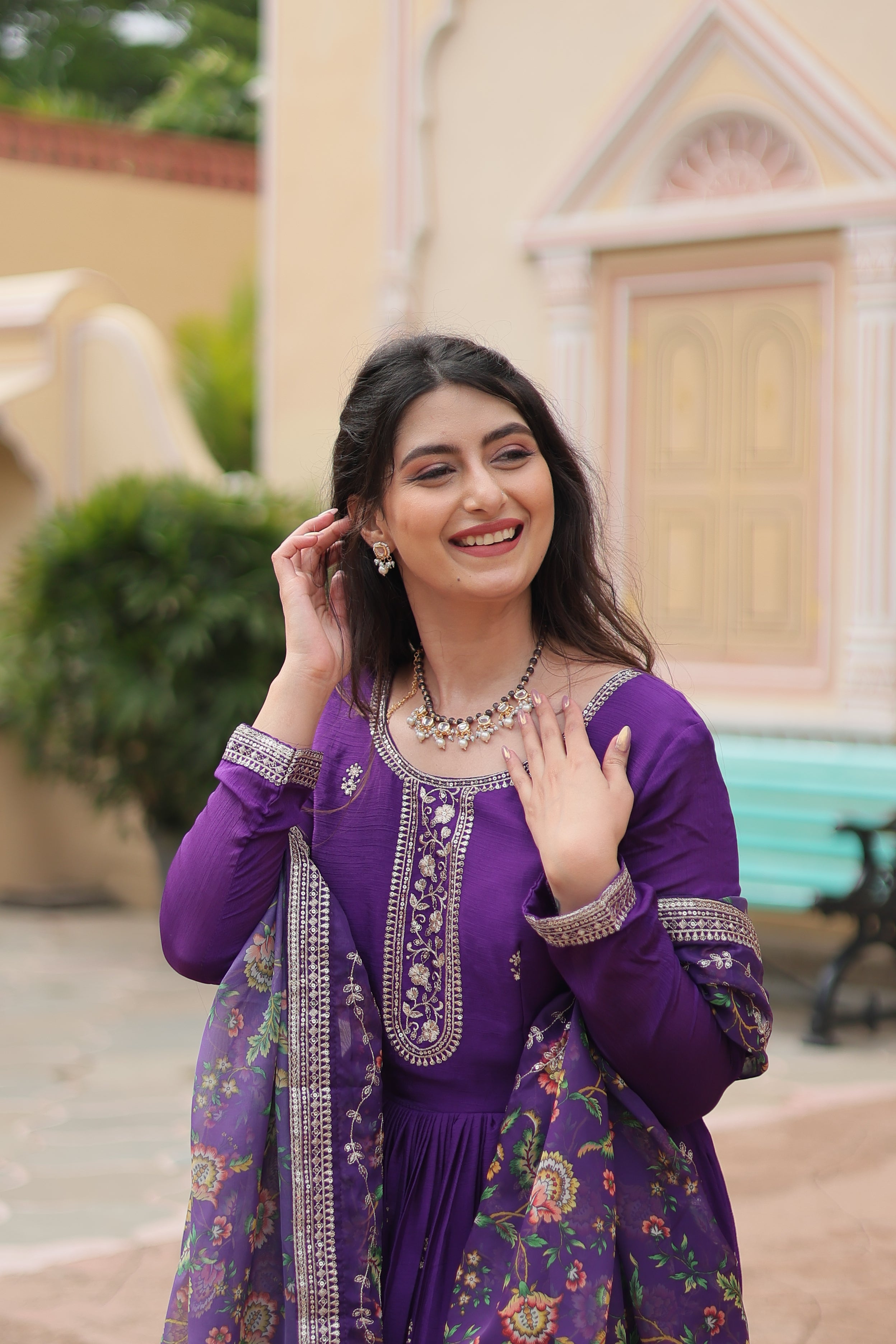 Purple Chinon Sequins Function Wear Gown With Dupatta