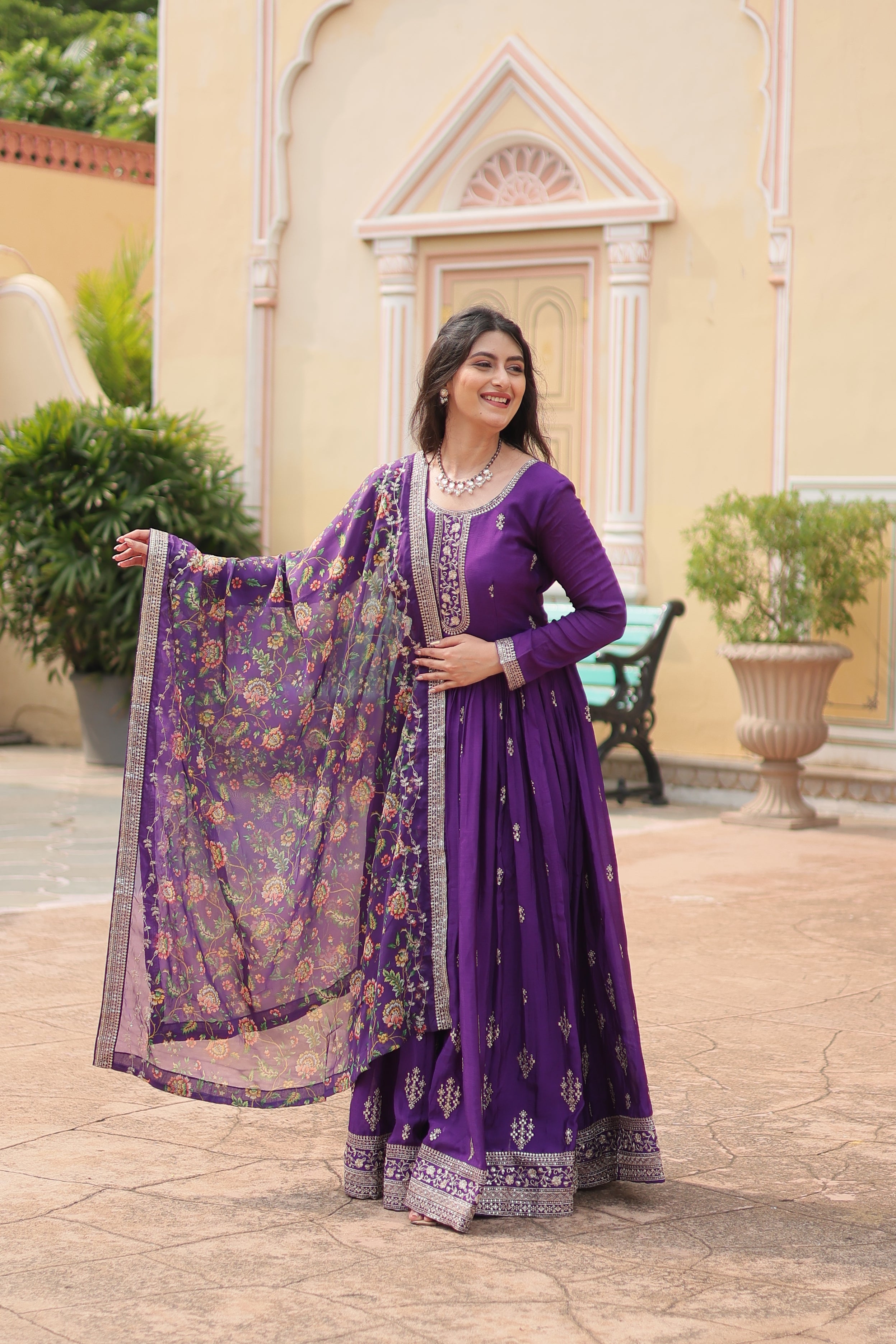 Purple Chinon Sequins Function Wear Gown With Dupatta