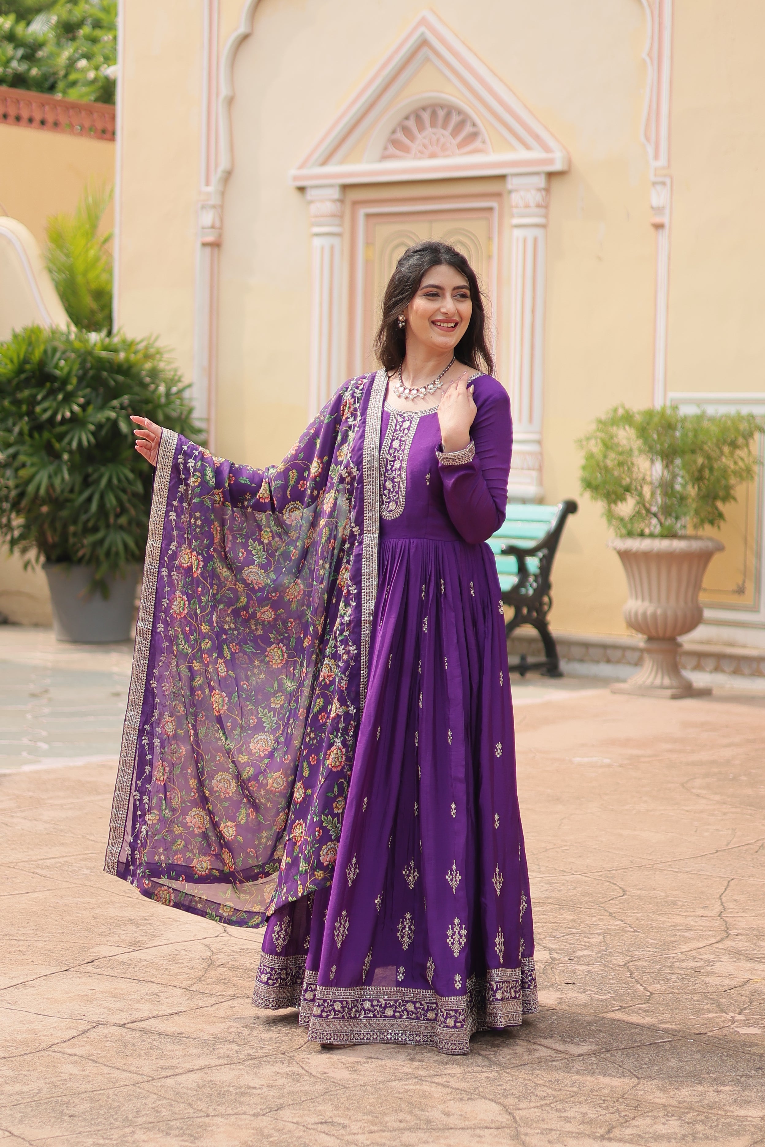 Purple Chinon Sequins Function Wear Gown With Dupatta