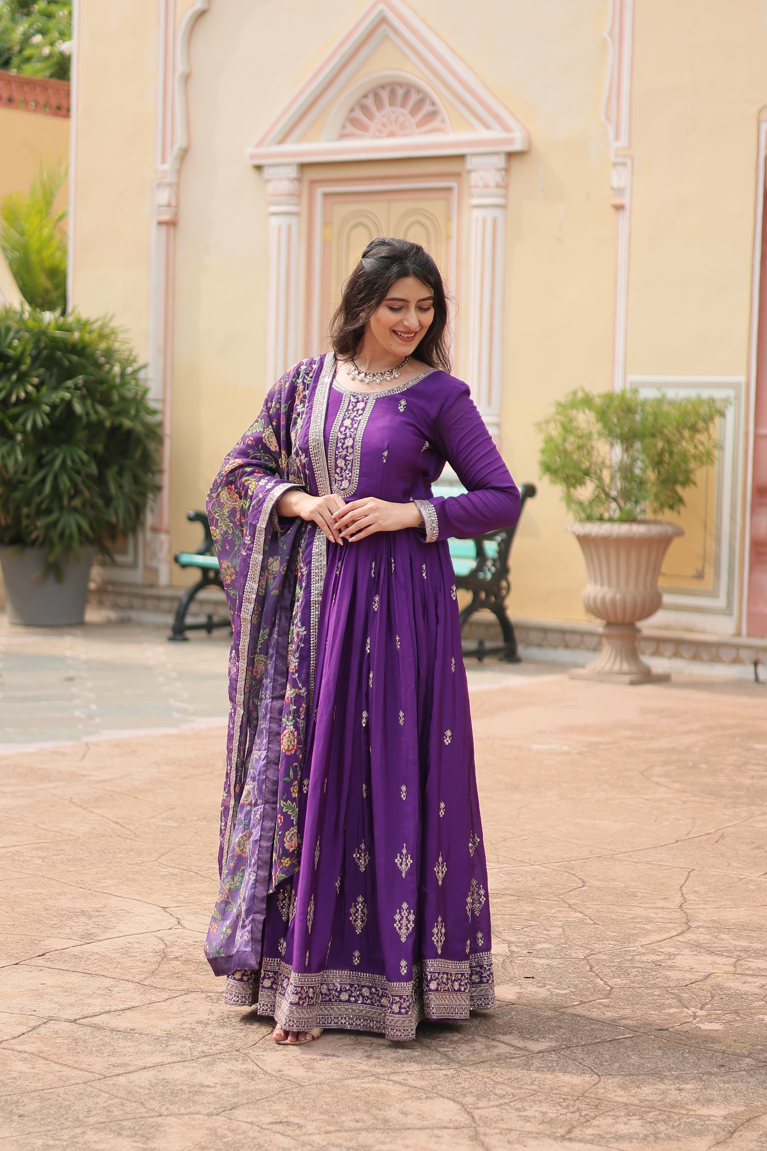 Purple Chinon Sequins Function Wear Gown With Dupatta